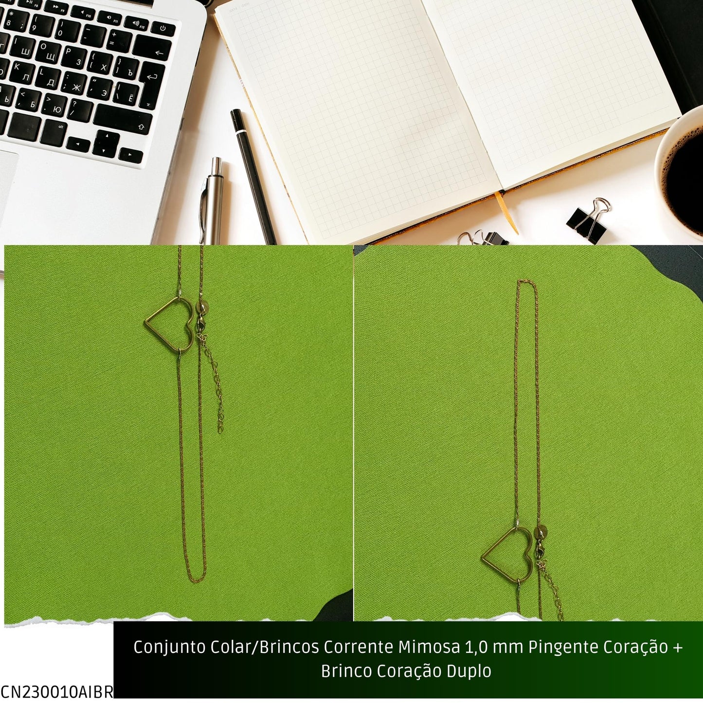 Conjunto Colar/Brincos Corrente Mimosa 1.0 mm Pingente Coração + Brinco Coração Duplo   - Código.: CN230010AIBR  - Peso.: 8.0 gr