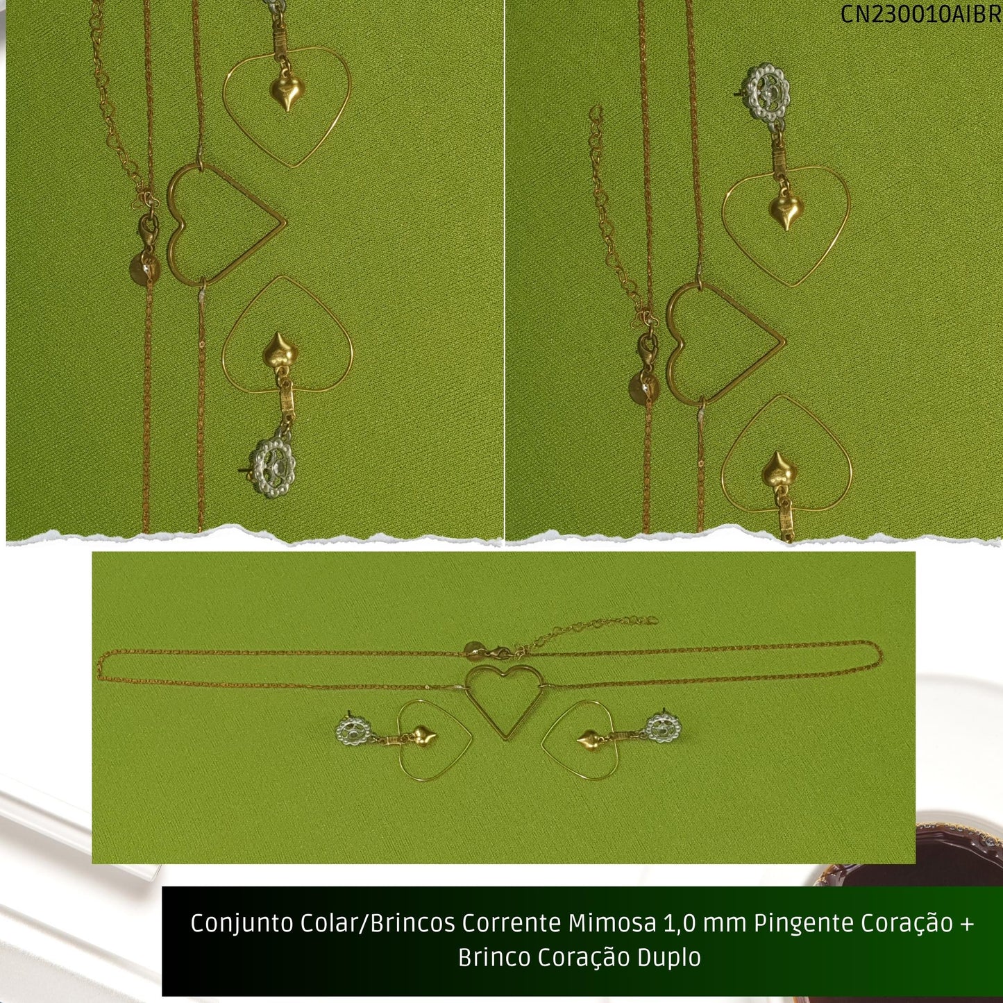Conjunto Colar/Brincos Corrente Mimosa 1.0 mm Pingente Coração + Brinco Coração Duplo   - Código.: CN230010AIBR  - Peso.: 8.0 gr