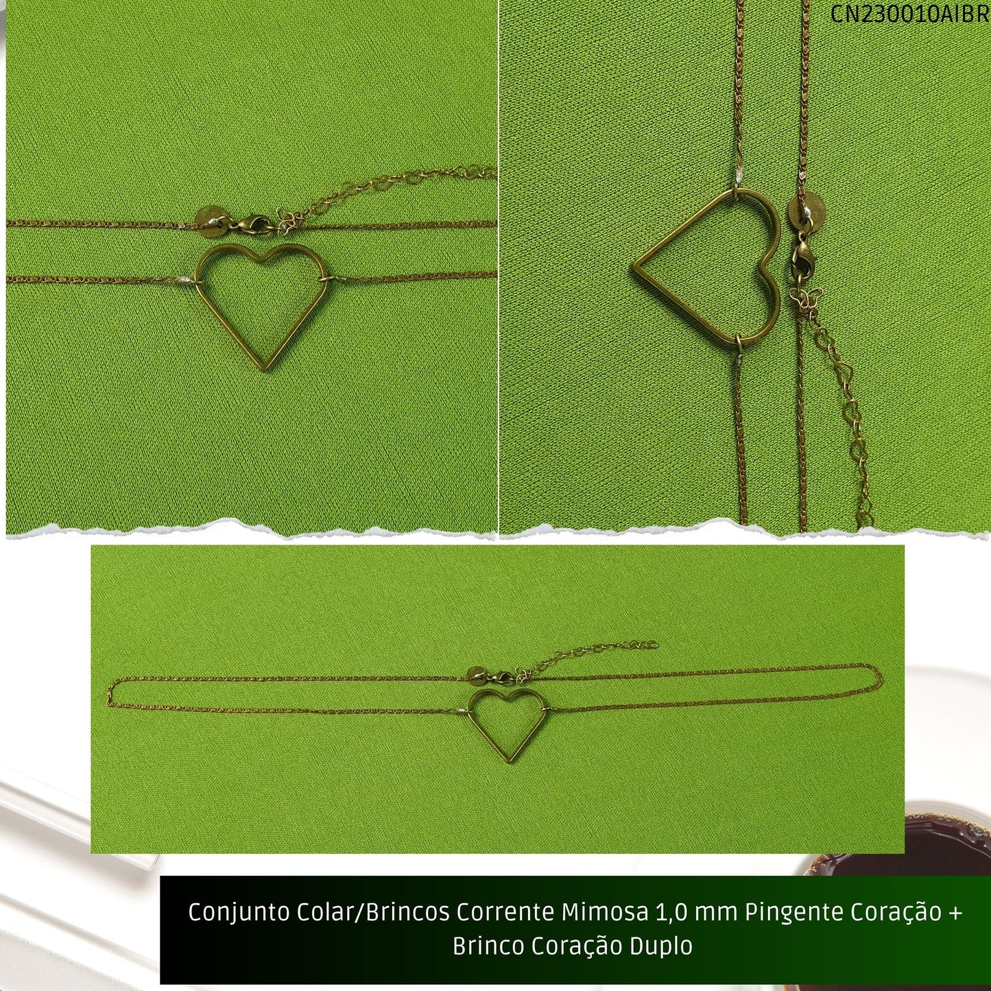 Conjunto Colar/Brincos Corrente Mimosa 1.0 mm Pingente Coração + Brinco Coração Duplo   - Código.: CN230010AIBR  - Peso.: 8.0 gr