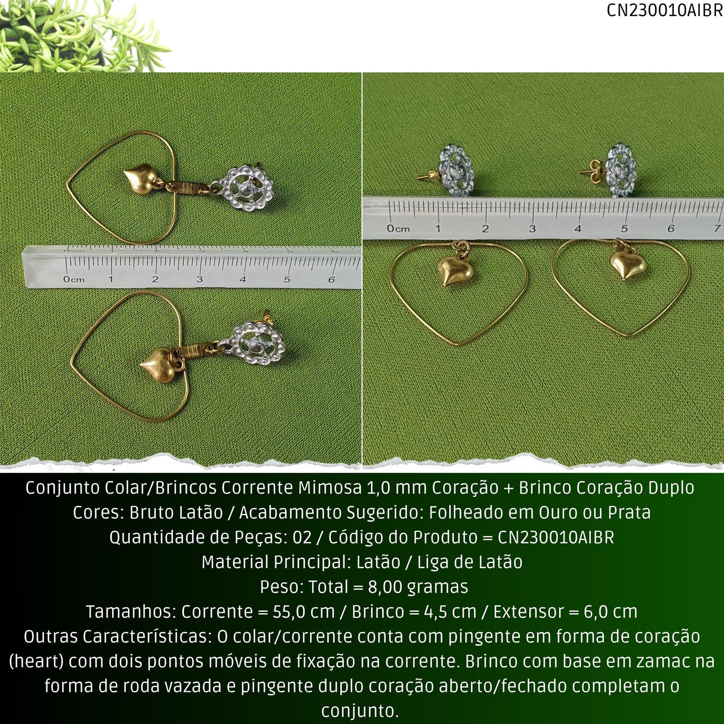Conjunto Colar/Brincos Corrente Mimosa 1.0 mm Pingente Coração + Brinco Coração Duplo   - Código.: CN230010AIBR  - Peso.: 8.0 gr