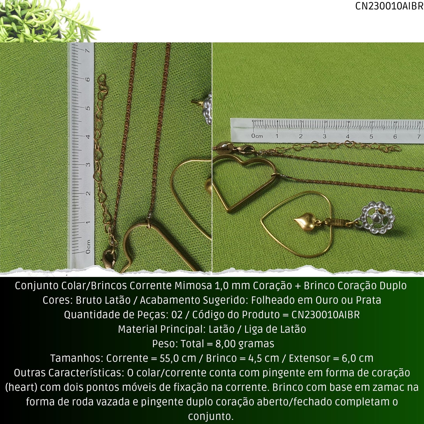 Conjunto Colar/Brincos Corrente Mimosa 1.0 mm Pingente Coração + Brinco Coração Duplo   - Código.: CN230010AIBR  - Peso.: 8.0 gr