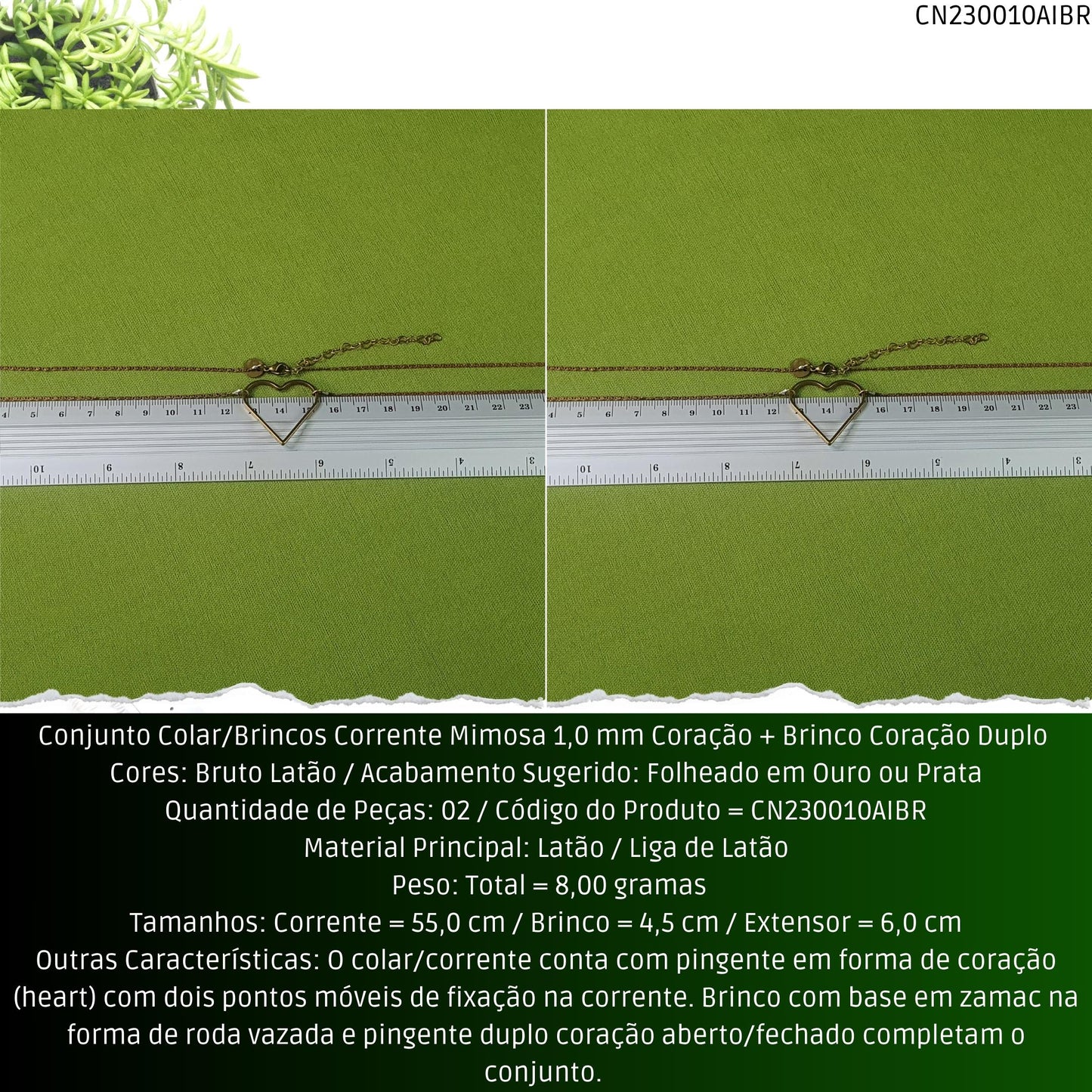 Conjunto Colar/Brincos Corrente Mimosa 1.0 mm Pingente Coração + Brinco Coração Duplo   - Código.: CN230010AIBR  - Peso.: 8.0 gr