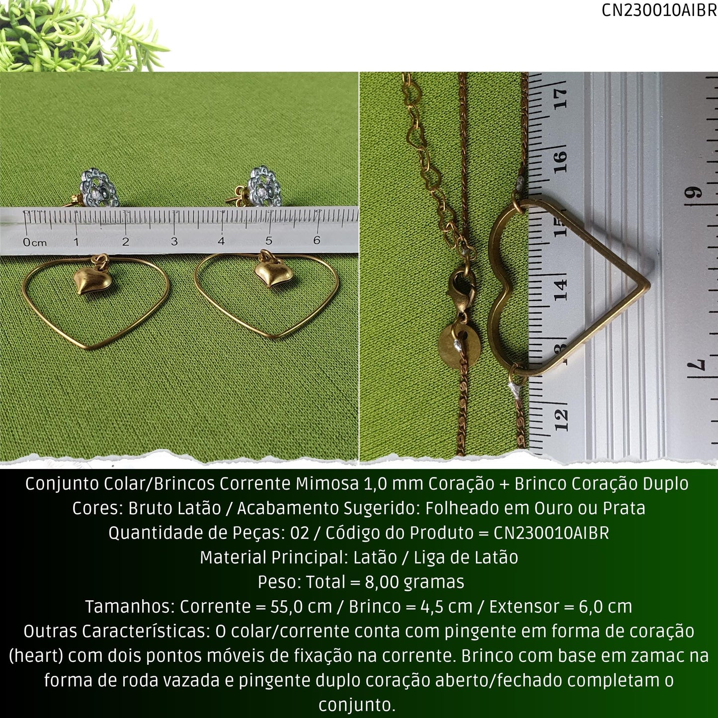 Conjunto Colar/Brincos Corrente Mimosa 1.0 mm Pingente Coração + Brinco Coração Duplo   - Código.: CN230010AIBR  - Peso.: 8.0 gr
