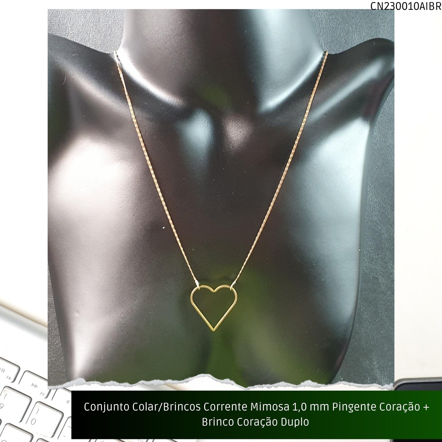 Conjunto Colar/Brincos Corrente Mimosa 1.0 mm Pingente Coração + Brinco Coração Duplo   - Código.: CN230010AIBR  - Peso.: 8.0 gr
