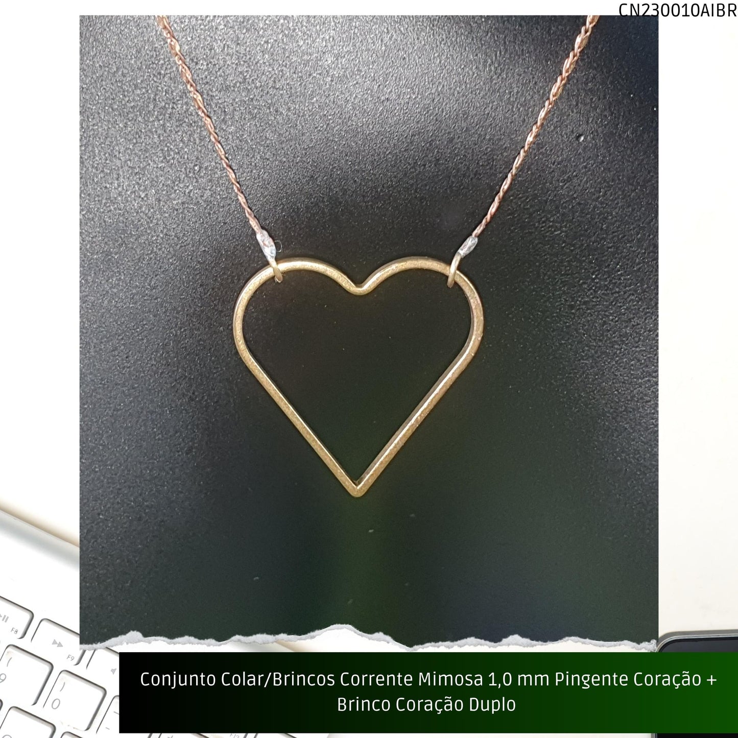 Conjunto Colar/Brincos Corrente Mimosa 1.0 mm Pingente Coração + Brinco Coração Duplo   - Código.: CN230010AIBR  - Peso.: 8.0 gr