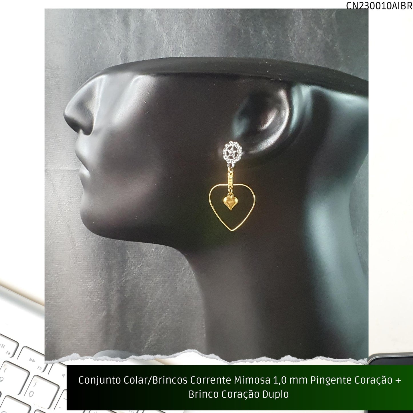 Conjunto Colar/Brincos Corrente Mimosa 1.0 mm Pingente Coração + Brinco Coração Duplo   - Código.: CN230010AIBR  - Peso.: 8.0 gr
