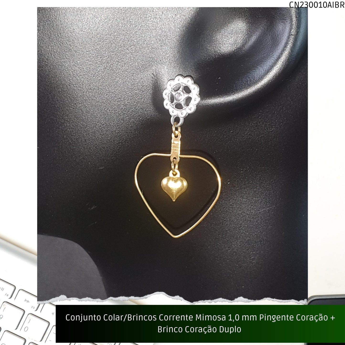 Conjunto Colar/Brincos Corrente Mimosa 1.0 mm Pingente Coração + Brinco Coração Duplo   - Código.: CN230010AIBR  - Peso.: 8.0 gr