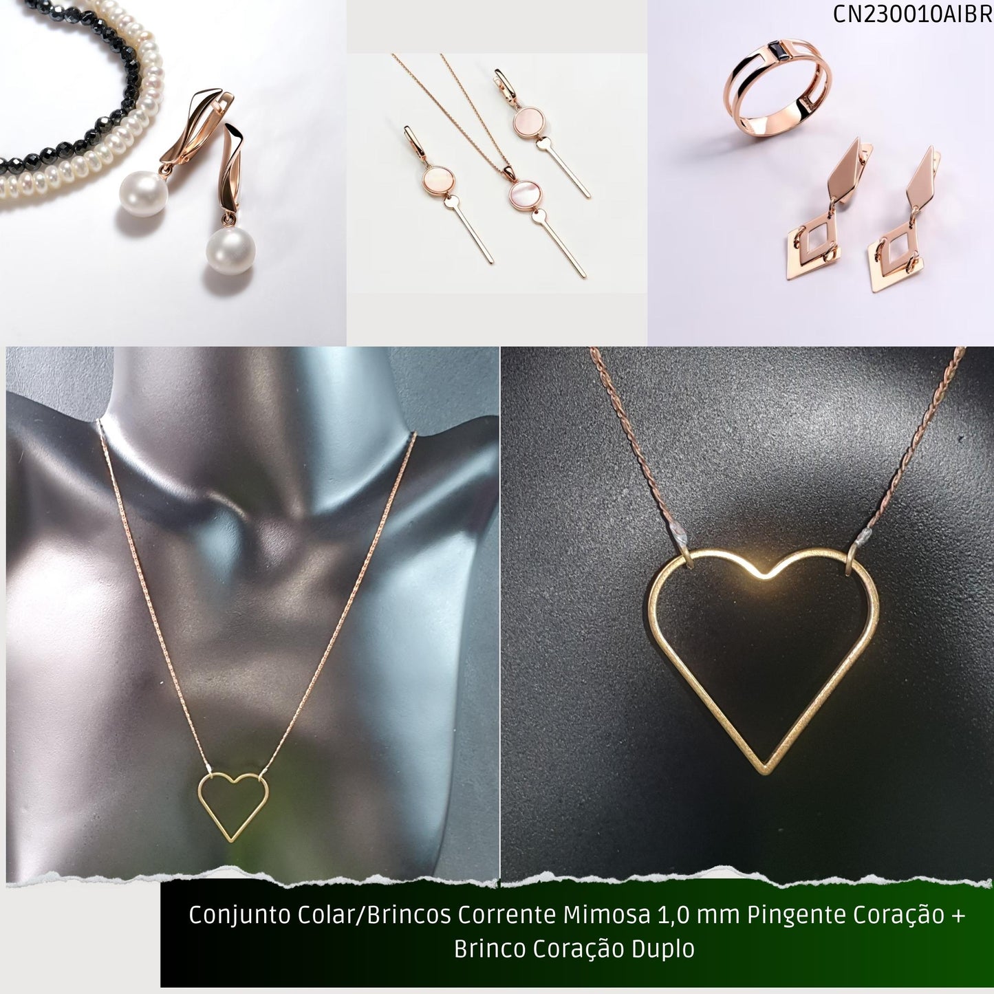 Conjunto Colar/Brincos Corrente Mimosa 1.0 mm Pingente Coração + Brinco Coração Duplo   - Código.: CN230010AIBR  - Peso.: 8.0 gr