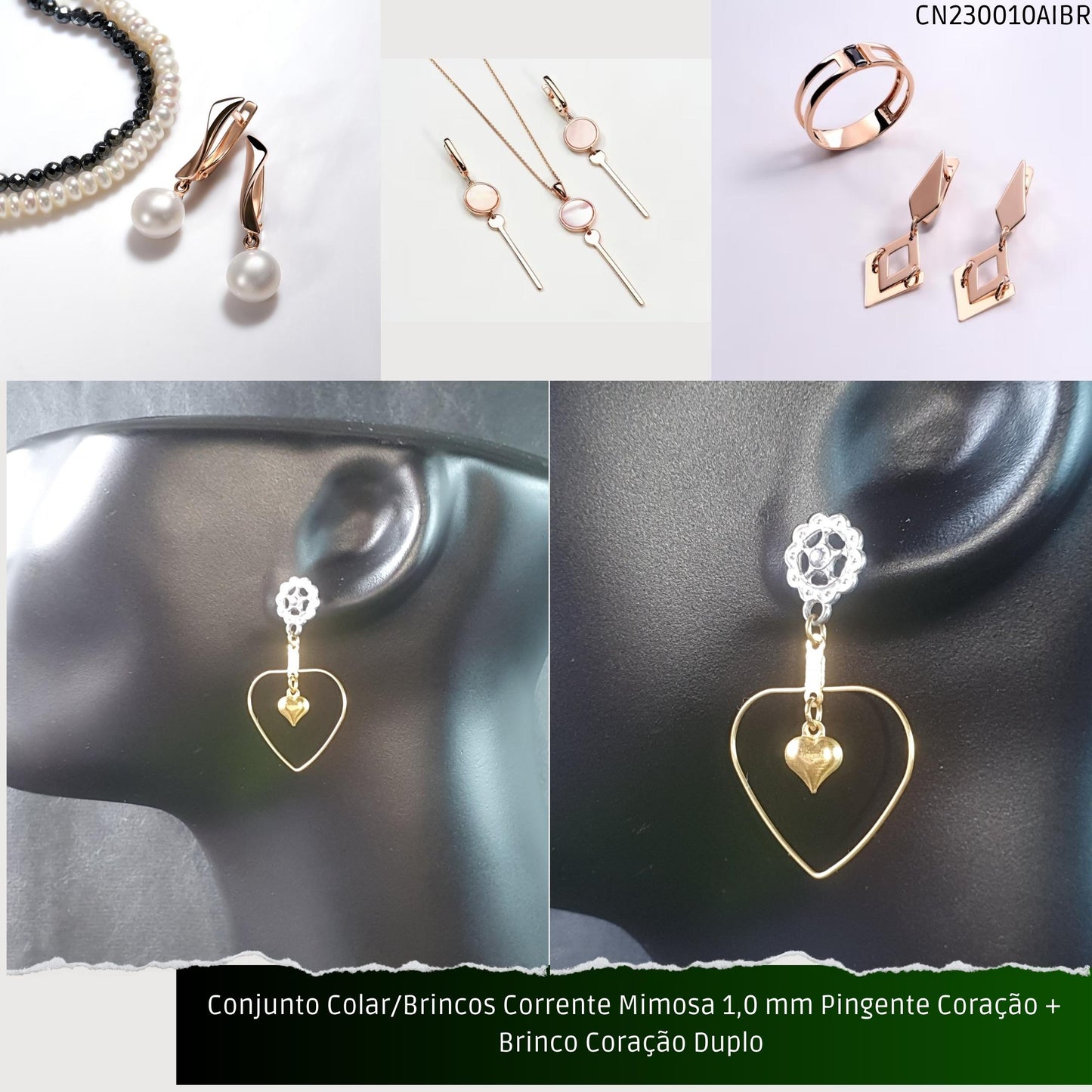 Conjunto Colar/Brincos Corrente Mimosa 1.0 mm Pingente Coração + Brinco Coração Duplo   - Código.: CN230010AIBR  - Peso.: 8.0 gr