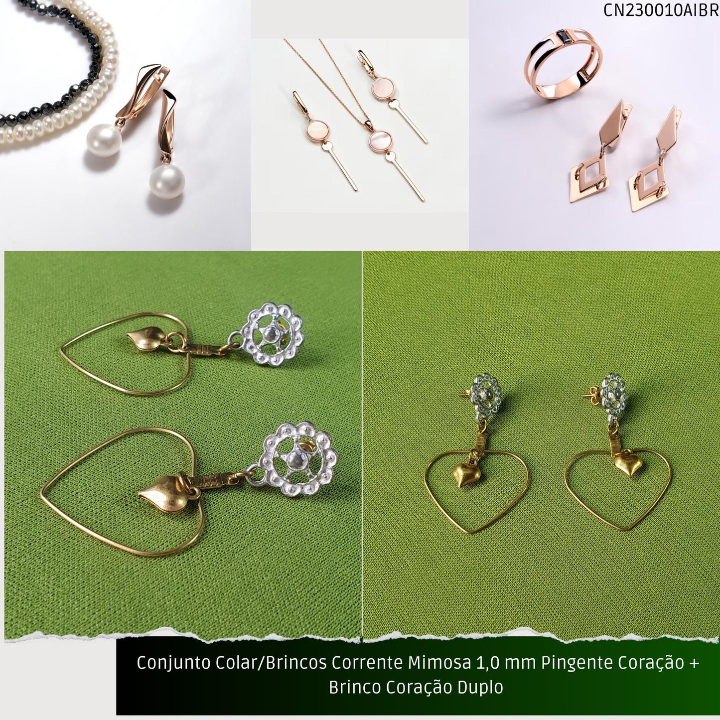 Conjunto Colar/Brincos Corrente Mimosa 1.0 mm Pingente Coração + Brinco Coração Duplo   - Código.: CN230010AIBR  - Peso.: 8.0 gr