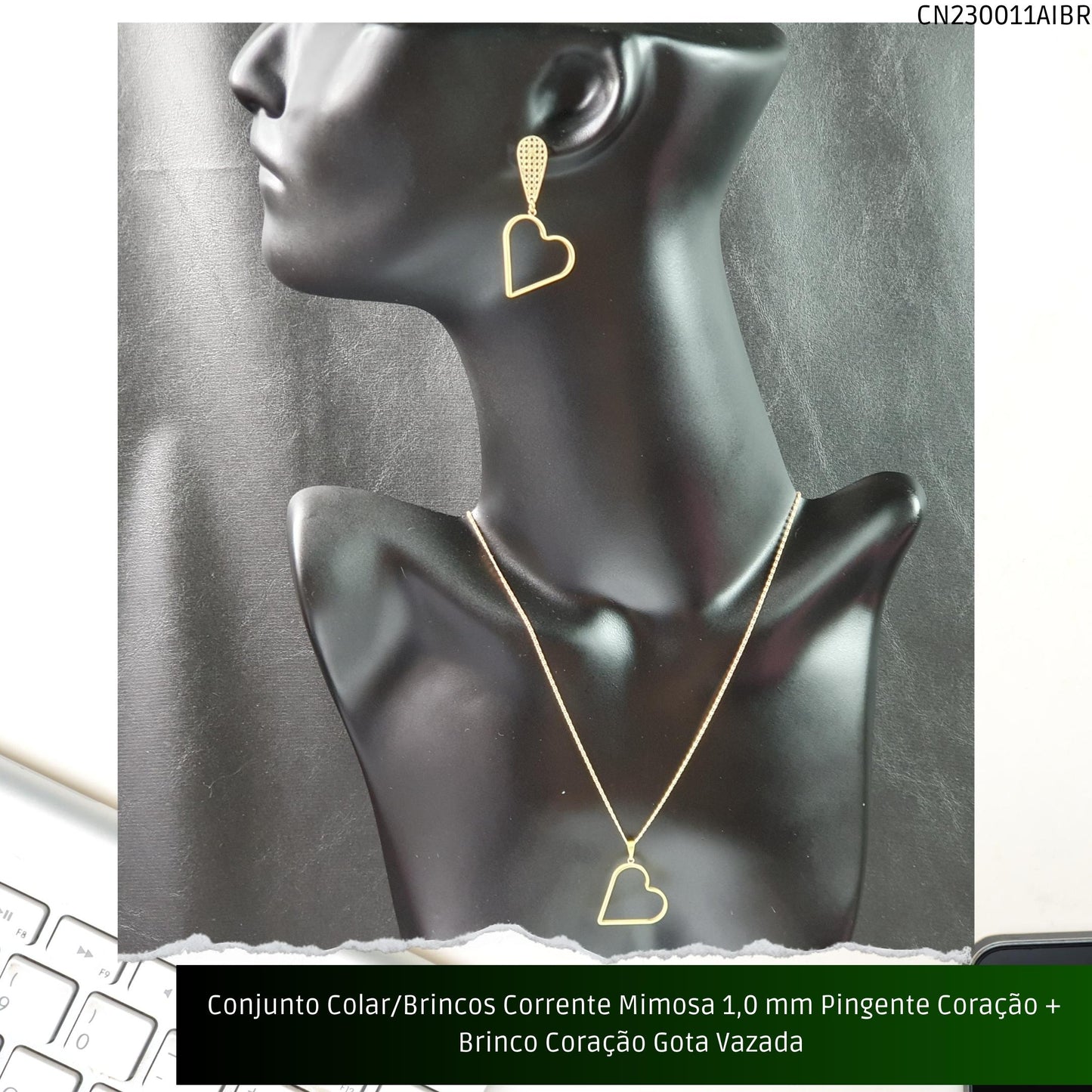 Conjunto Colar/Brincos Corrente Mimosa 1.0 mm Pingente Coração + Brinco Coração Gota Vazada   - Código.: CN230011AIBR  - Peso.: 8.2 gr
