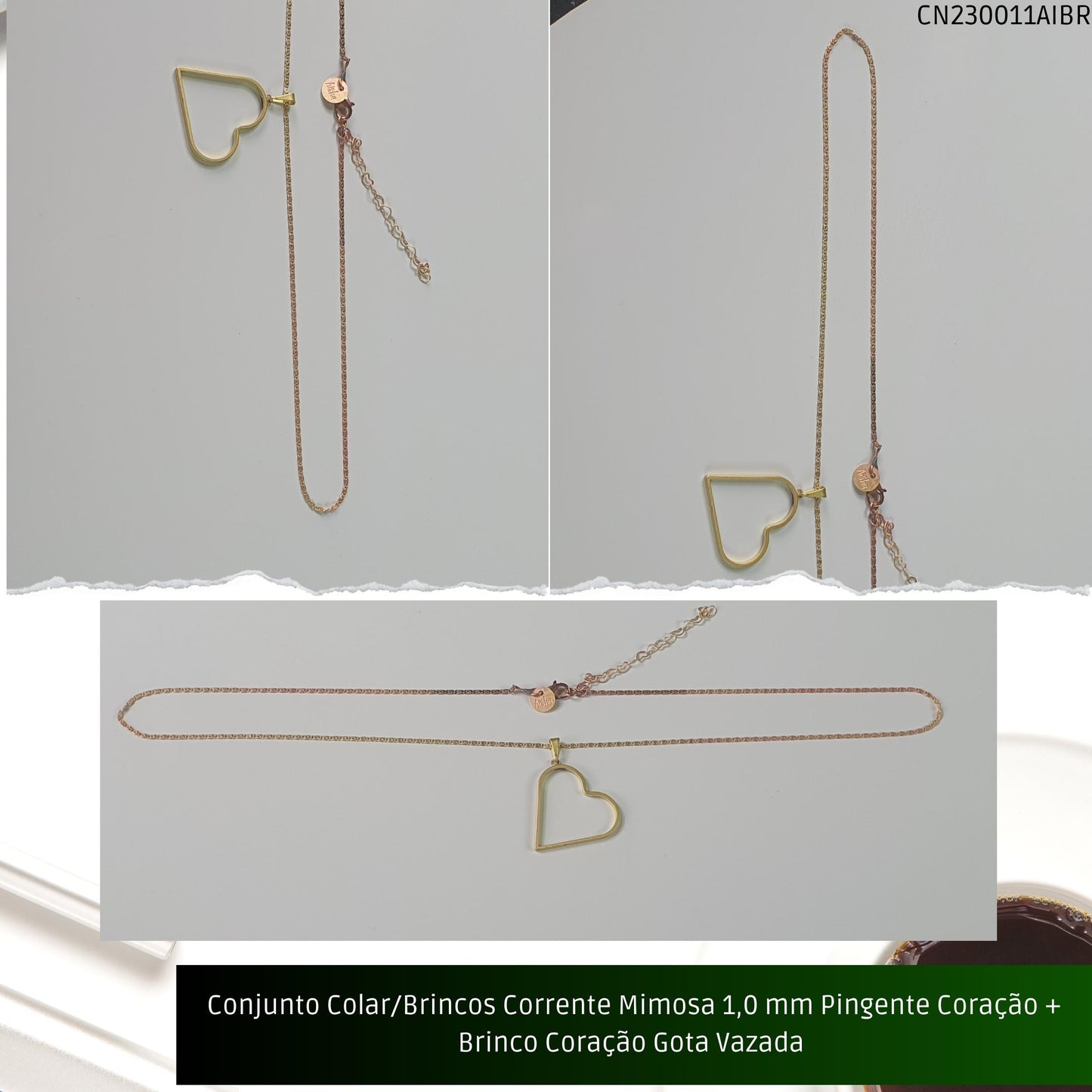 Conjunto Colar/Brincos Corrente Mimosa 1.0 mm Pingente Coração + Brinco Coração Gota Vazada   - Código.: CN230011AIBR  - Peso.: 8.2 gr