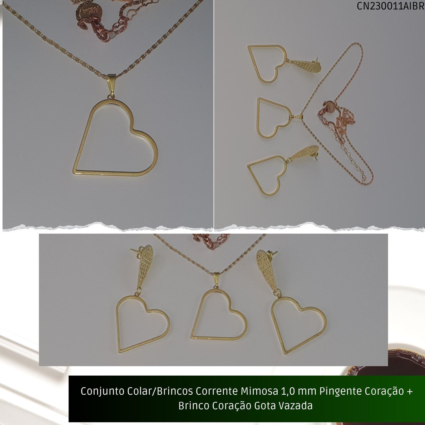 Conjunto Colar/Brincos Corrente Mimosa 1.0 mm Pingente Coração + Brinco Coração Gota Vazada   - Código.: CN230011AIBR  - Peso.: 8.2 gr