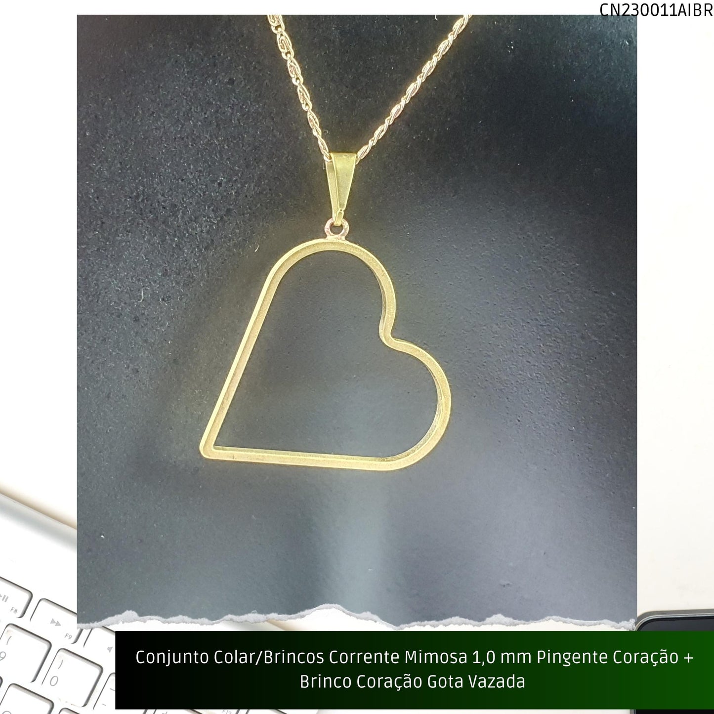 Conjunto Colar/Brincos Corrente Mimosa 1.0 mm Pingente Coração + Brinco Coração Gota Vazada   - Código.: CN230011AIBR  - Peso.: 8.2 gr