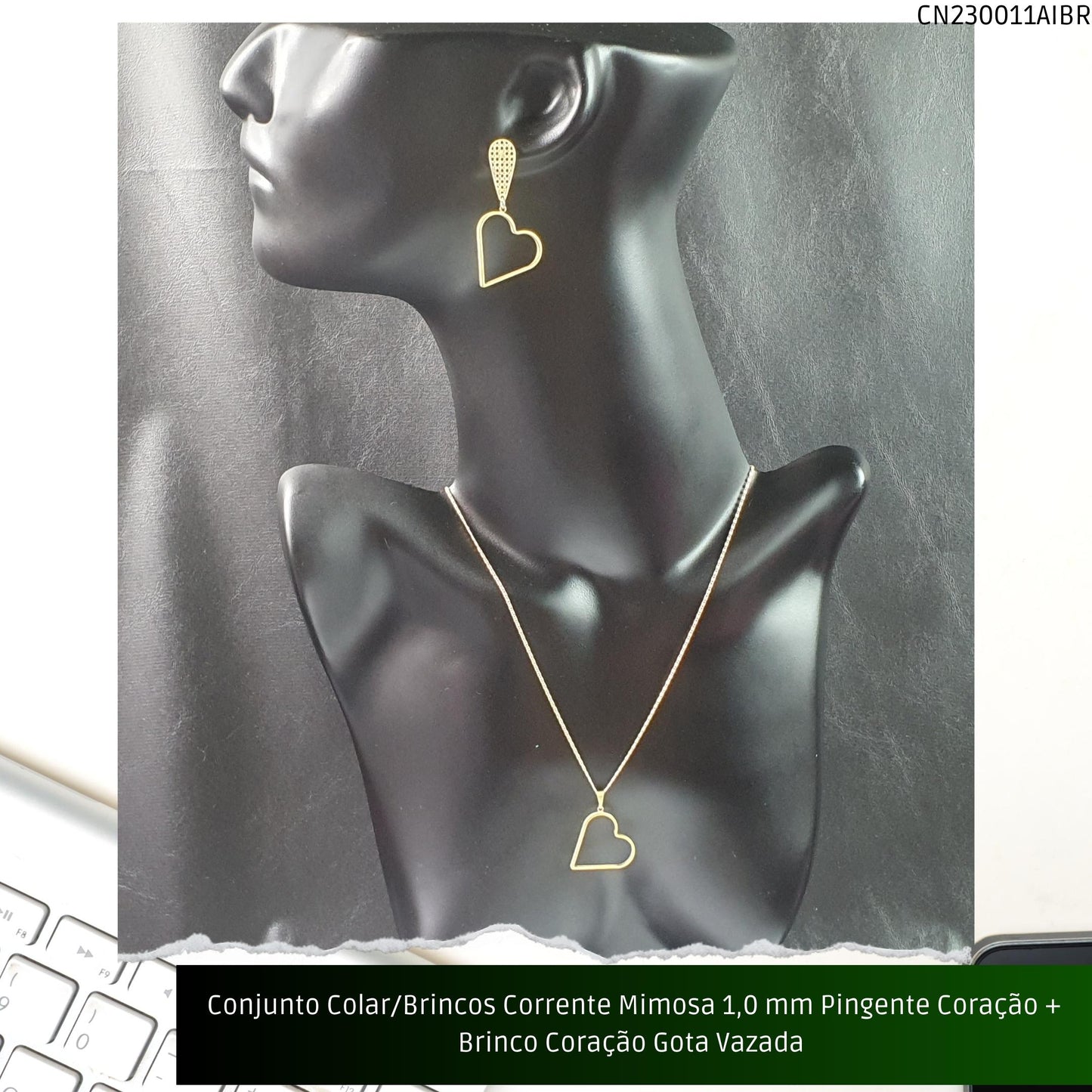 Conjunto Colar/Brincos Corrente Mimosa 1.0 mm Pingente Coração + Brinco Coração Gota Vazada   - Código.: CN230011AIBR  - Peso.: 8.2 gr
