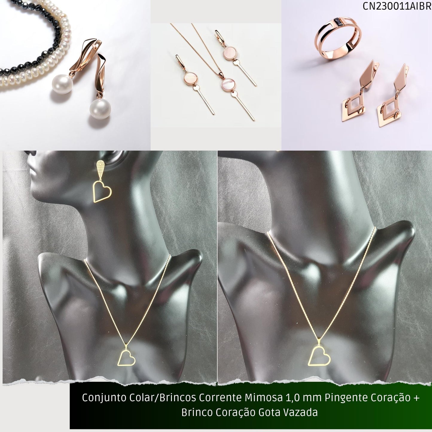 Conjunto Colar/Brincos Corrente Mimosa 1.0 mm Pingente Coração + Brinco Coração Gota Vazada   - Código.: CN230011AIBR  - Peso.: 8.2 gr