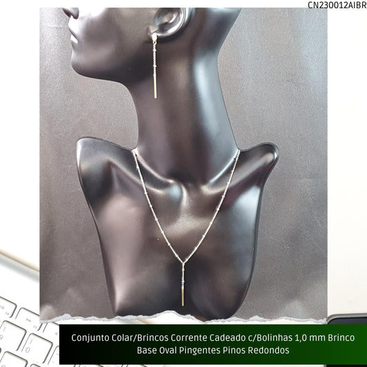 Conjunto Colar/Brincos Corrente Cadeado c/Bolinhas 1.0 mm Brinco Base Oval Pingentes Pinos Redondos  - Código.: CN230012AIBR  - Peso.: 6.8 gr