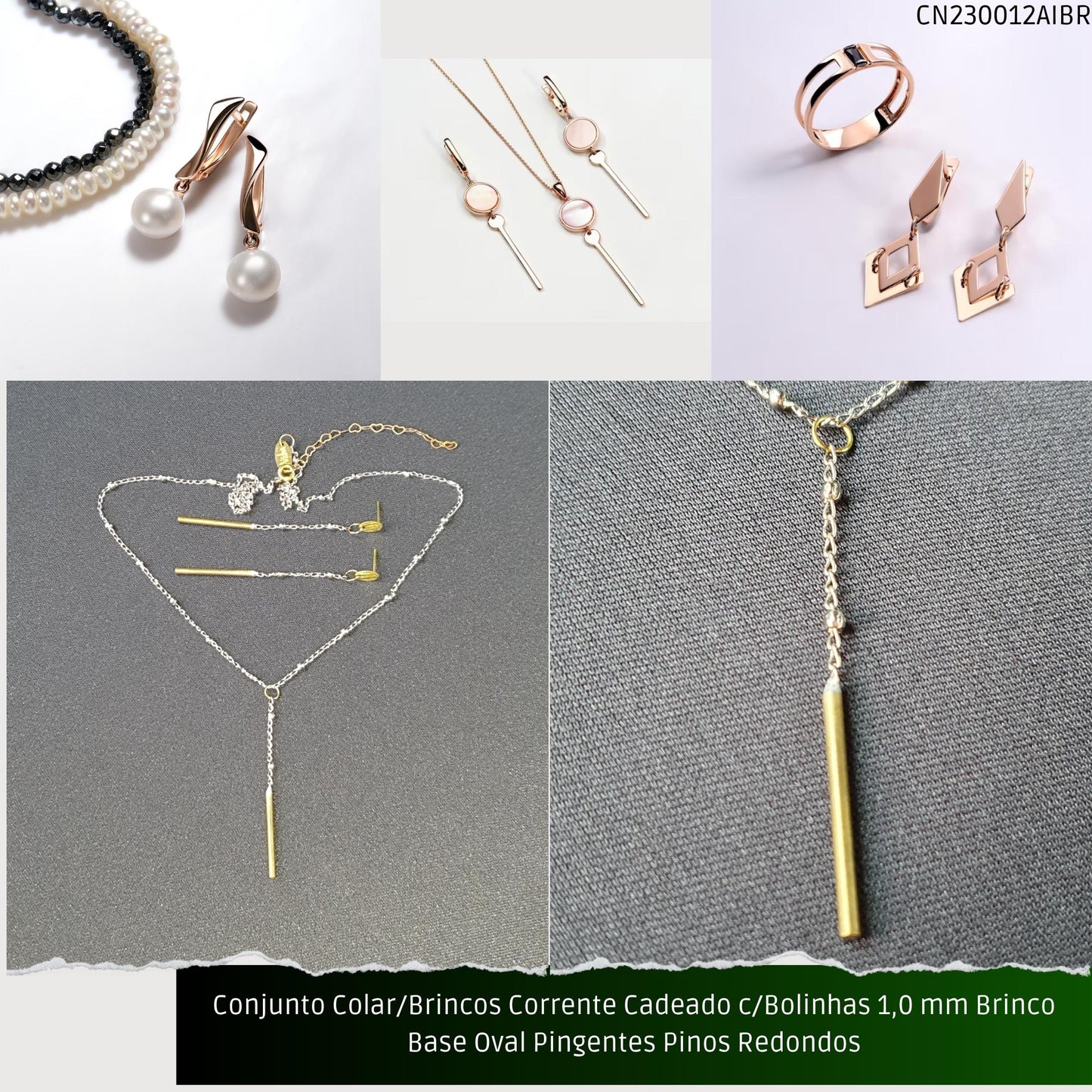 Conjunto Colar/Brincos Corrente Cadeado c/Bolinhas 1.0 mm Brinco Base Oval Pingentes Pinos Redondos  - Código.: CN230012AIBR  - Peso.: 6.8 gr