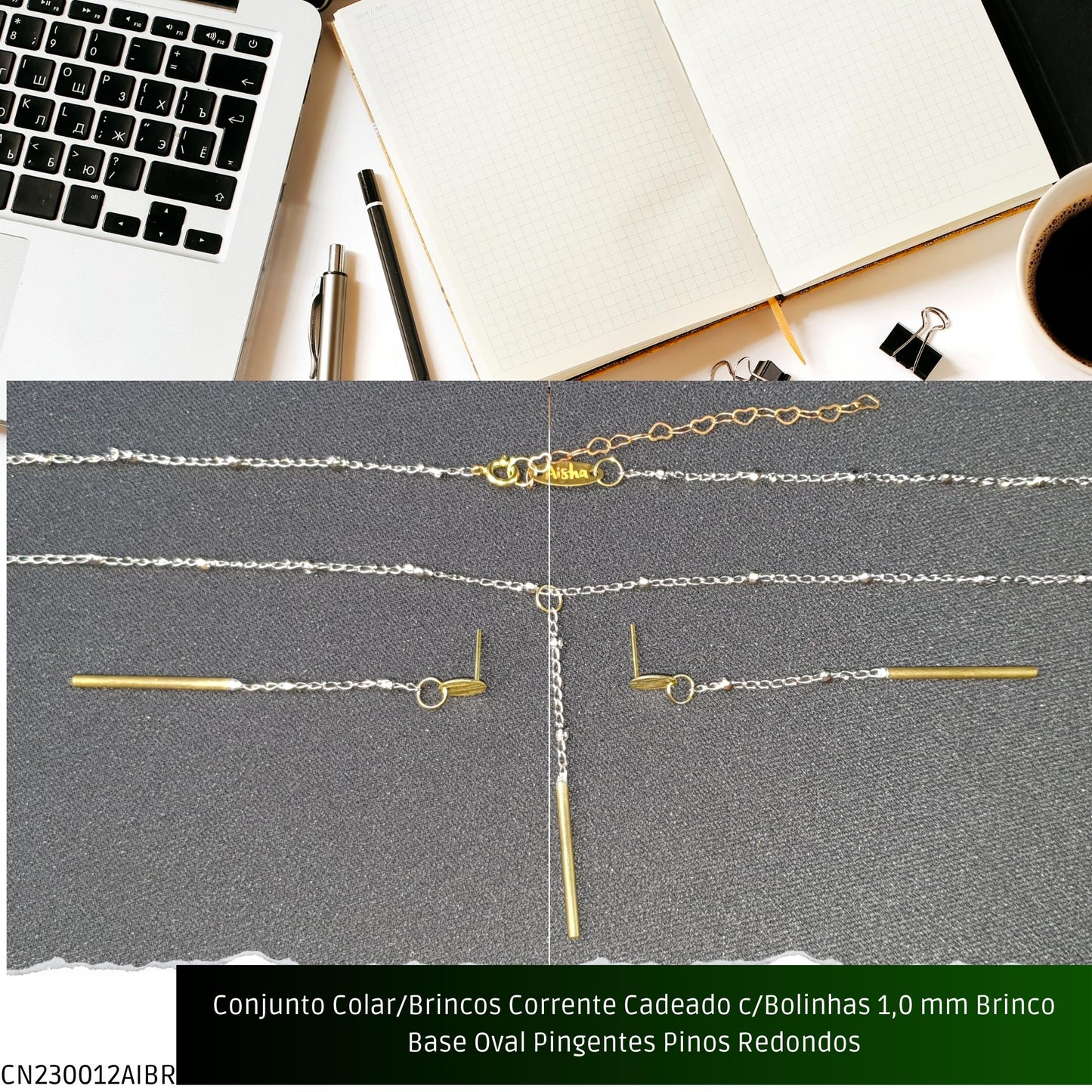 Conjunto Colar/Brincos Corrente Cadeado c/Bolinhas 1.0 mm Brinco Base Oval Pingentes Pinos Redondos  - Código.: CN230012AIBR  - Peso.: 6.8 gr