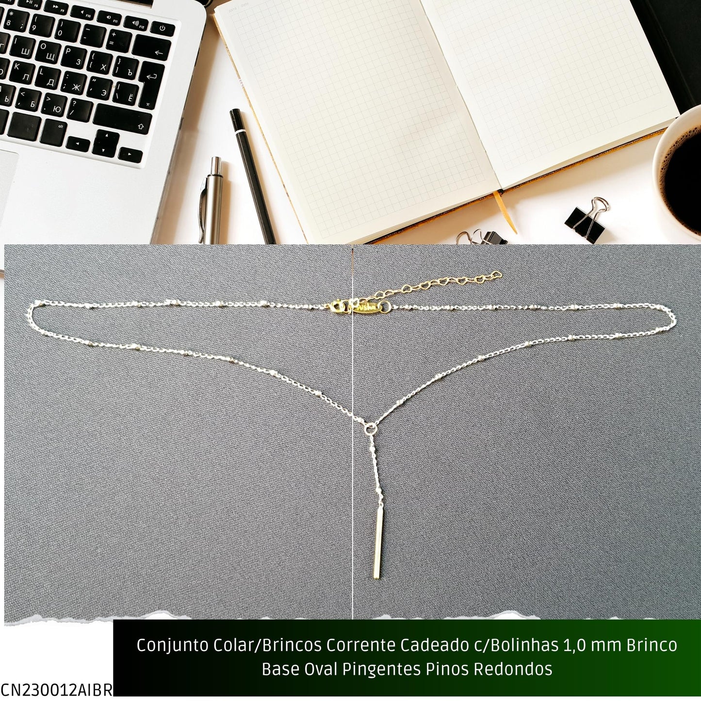 Conjunto Colar/Brincos Corrente Cadeado c/Bolinhas 1.0 mm Brinco Base Oval Pingentes Pinos Redondos  - Código.: CN230012AIBR  - Peso.: 6.8 gr