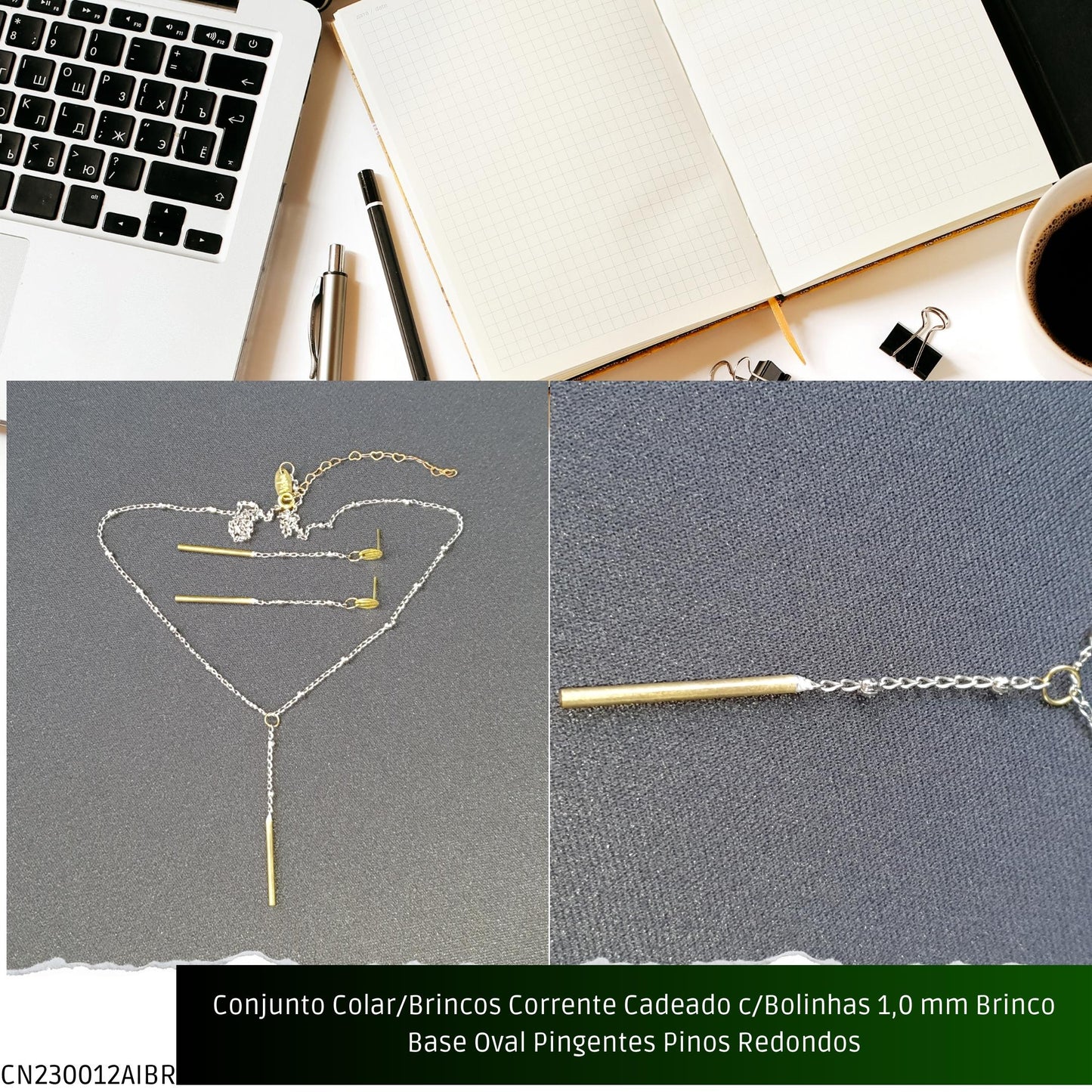 Conjunto Colar/Brincos Corrente Cadeado c/Bolinhas 1.0 mm Brinco Base Oval Pingentes Pinos Redondos  - Código.: CN230012AIBR  - Peso.: 6.8 gr