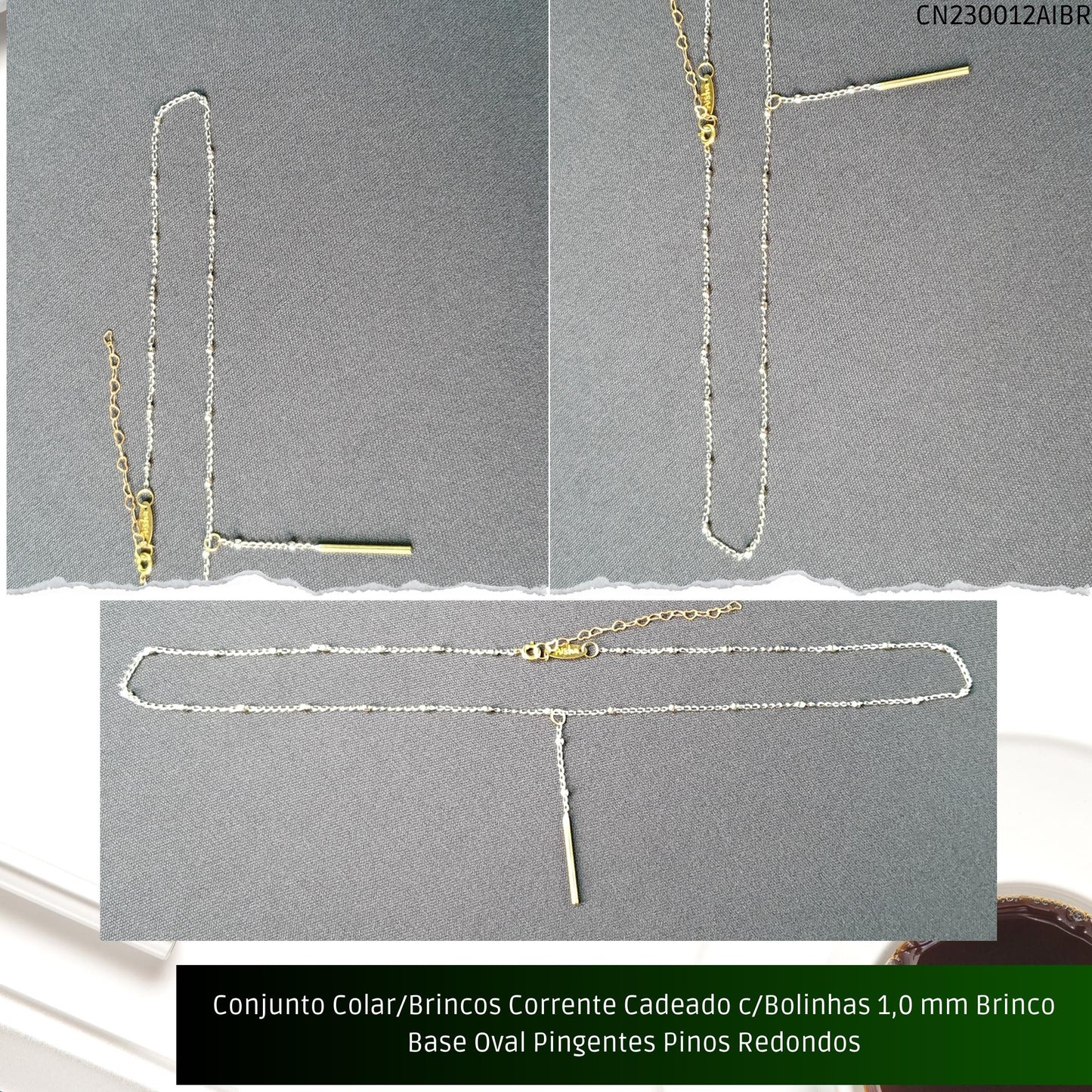 Conjunto Colar/Brincos Corrente Cadeado c/Bolinhas 1.0 mm Brinco Base Oval Pingentes Pinos Redondos  - Código.: CN230012AIBR  - Peso.: 6.8 gr