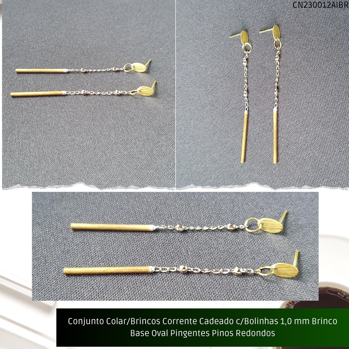 Conjunto Colar/Brincos Corrente Cadeado c/Bolinhas 1.0 mm Brinco Base Oval Pingentes Pinos Redondos  - Código.: CN230012AIBR  - Peso.: 6.8 gr