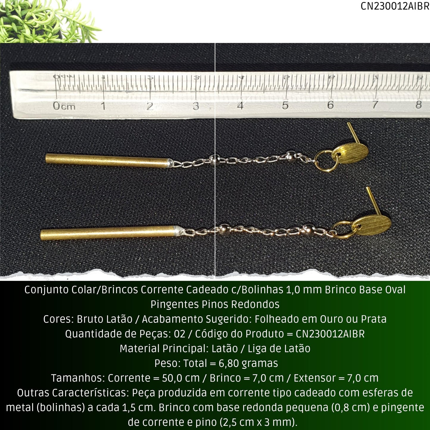 Conjunto Colar/Brincos Corrente Cadeado c/Bolinhas 1.0 mm Brinco Base Oval Pingentes Pinos Redondos  - Código.: CN230012AIBR  - Peso.: 6.8 gr