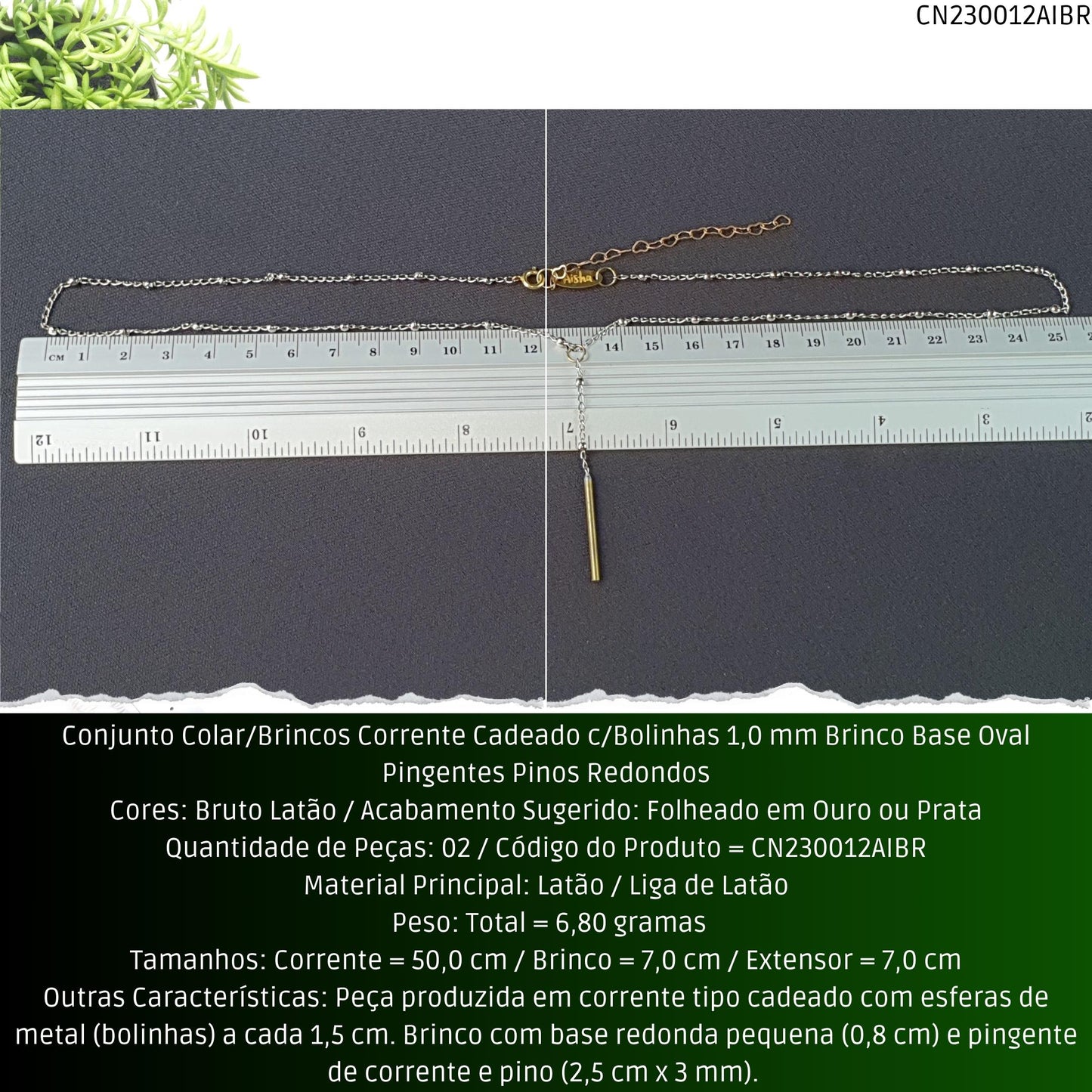 Conjunto Colar/Brincos Corrente Cadeado c/Bolinhas 1.0 mm Brinco Base Oval Pingentes Pinos Redondos  - Código.: CN230012AIBR  - Peso.: 6.8 gr