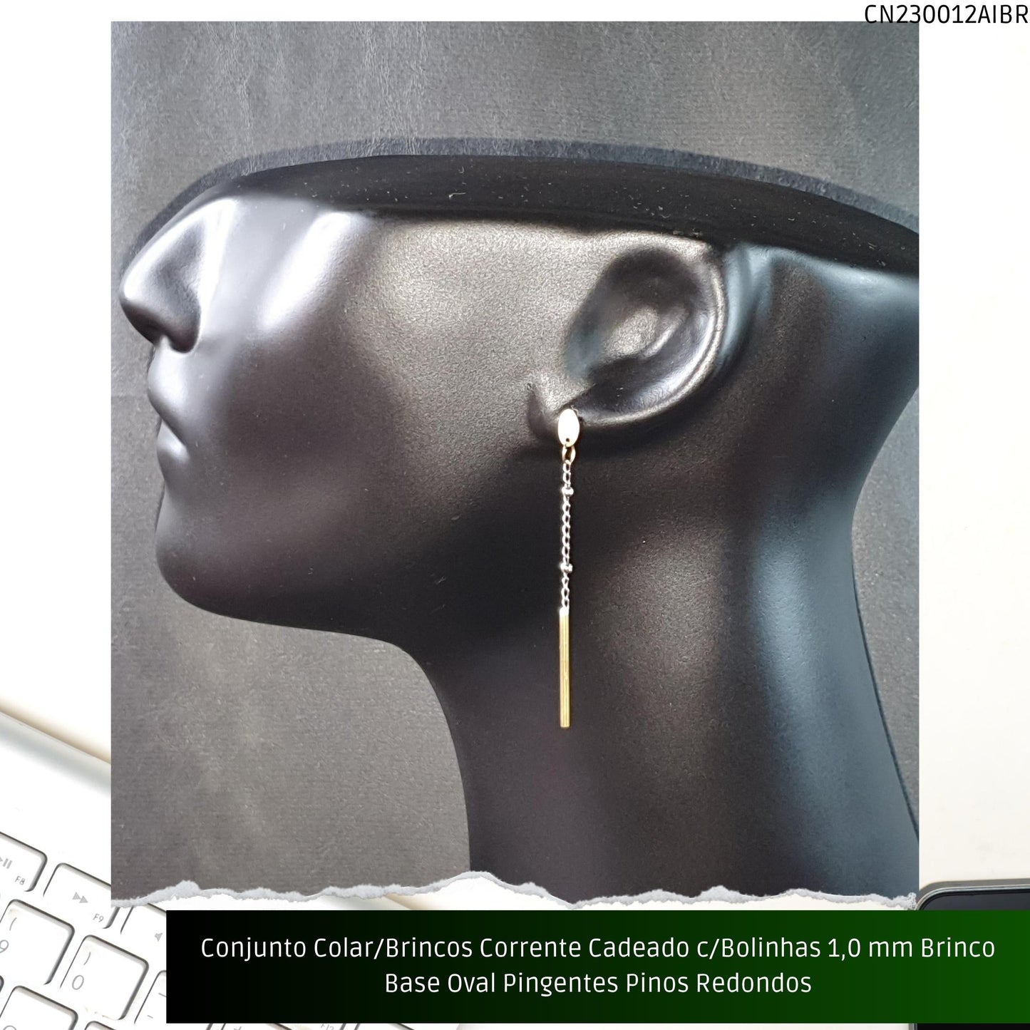 Conjunto Colar/Brincos Corrente Cadeado c/Bolinhas 1.0 mm Brinco Base Oval Pingentes Pinos Redondos  - Código.: CN230012AIBR  - Peso.: 6.8 gr
