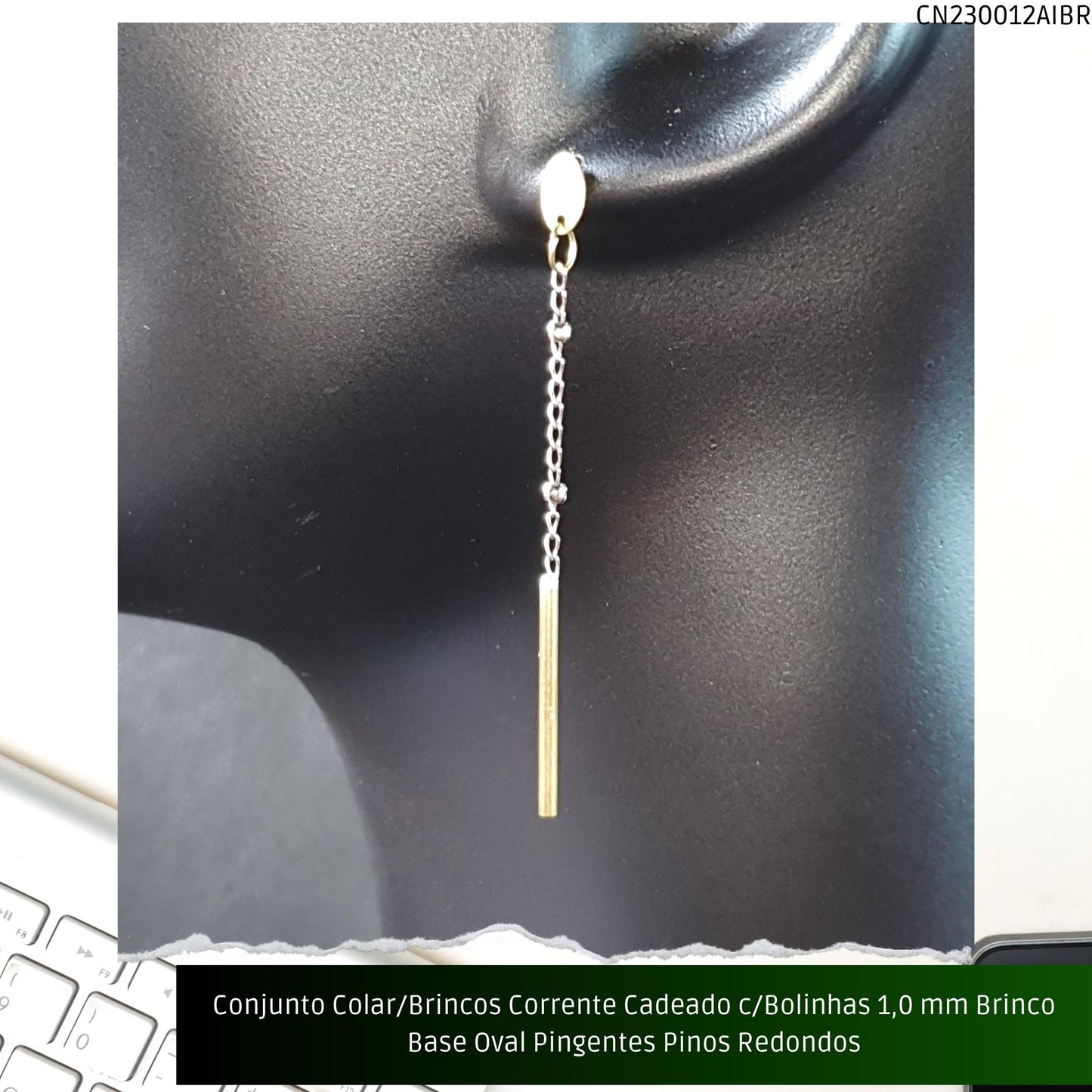 Conjunto Colar/Brincos Corrente Cadeado c/Bolinhas 1.0 mm Brinco Base Oval Pingentes Pinos Redondos  - Código.: CN230012AIBR  - Peso.: 6.8 gr
