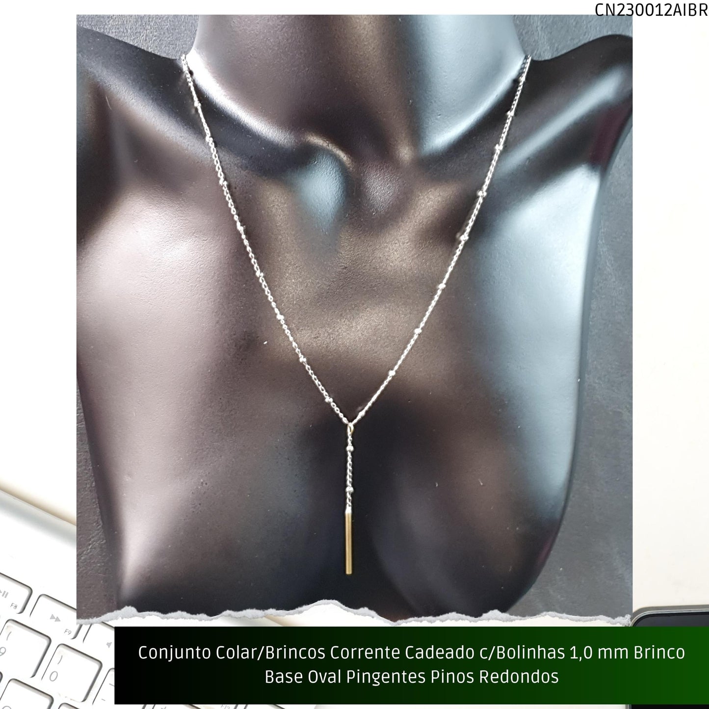 Conjunto Colar/Brincos Corrente Cadeado c/Bolinhas 1.0 mm Brinco Base Oval Pingentes Pinos Redondos  - Código.: CN230012AIBR  - Peso.: 6.8 gr