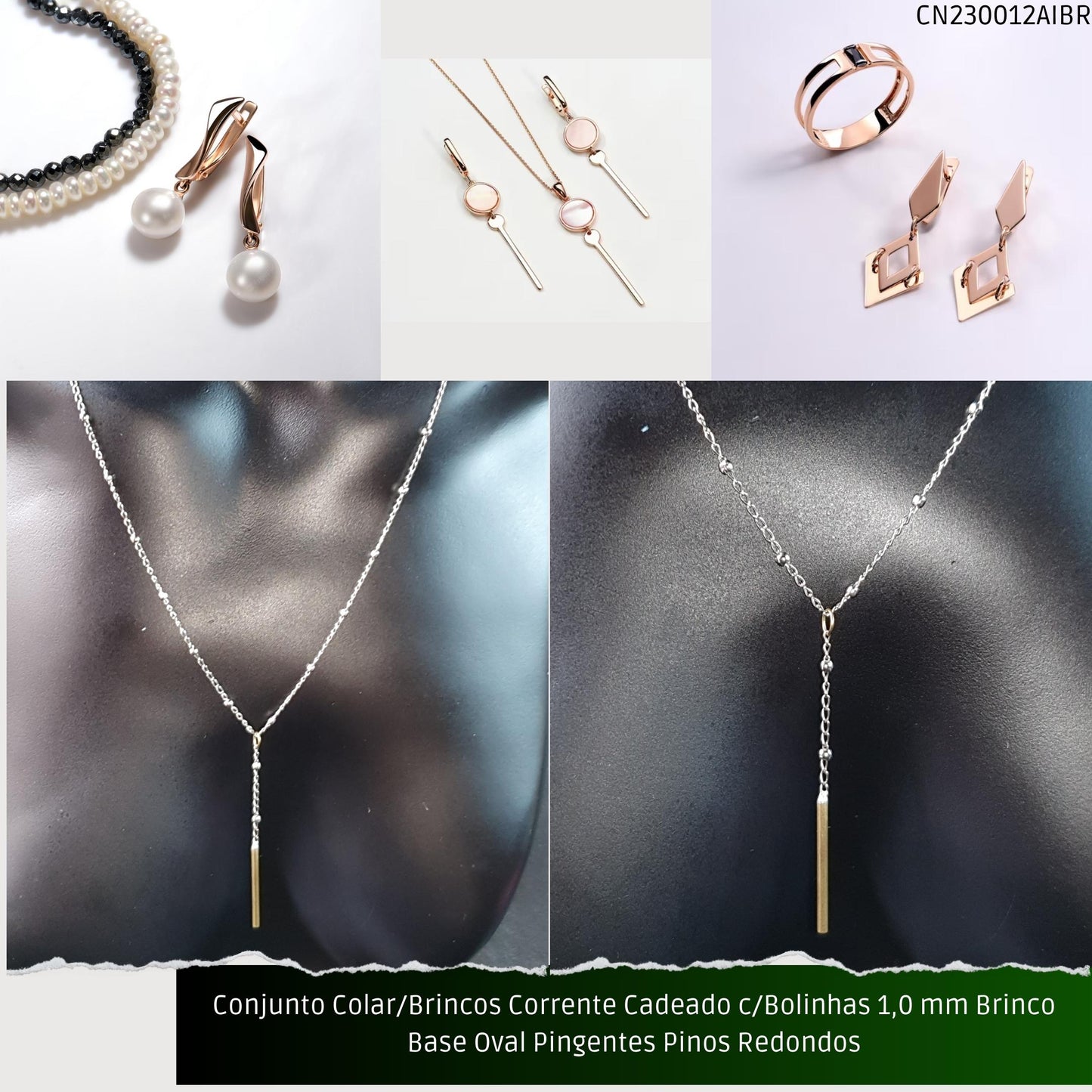 Conjunto Colar/Brincos Corrente Cadeado c/Bolinhas 1.0 mm Brinco Base Oval Pingentes Pinos Redondos  - Código.: CN230012AIBR  - Peso.: 6.8 gr