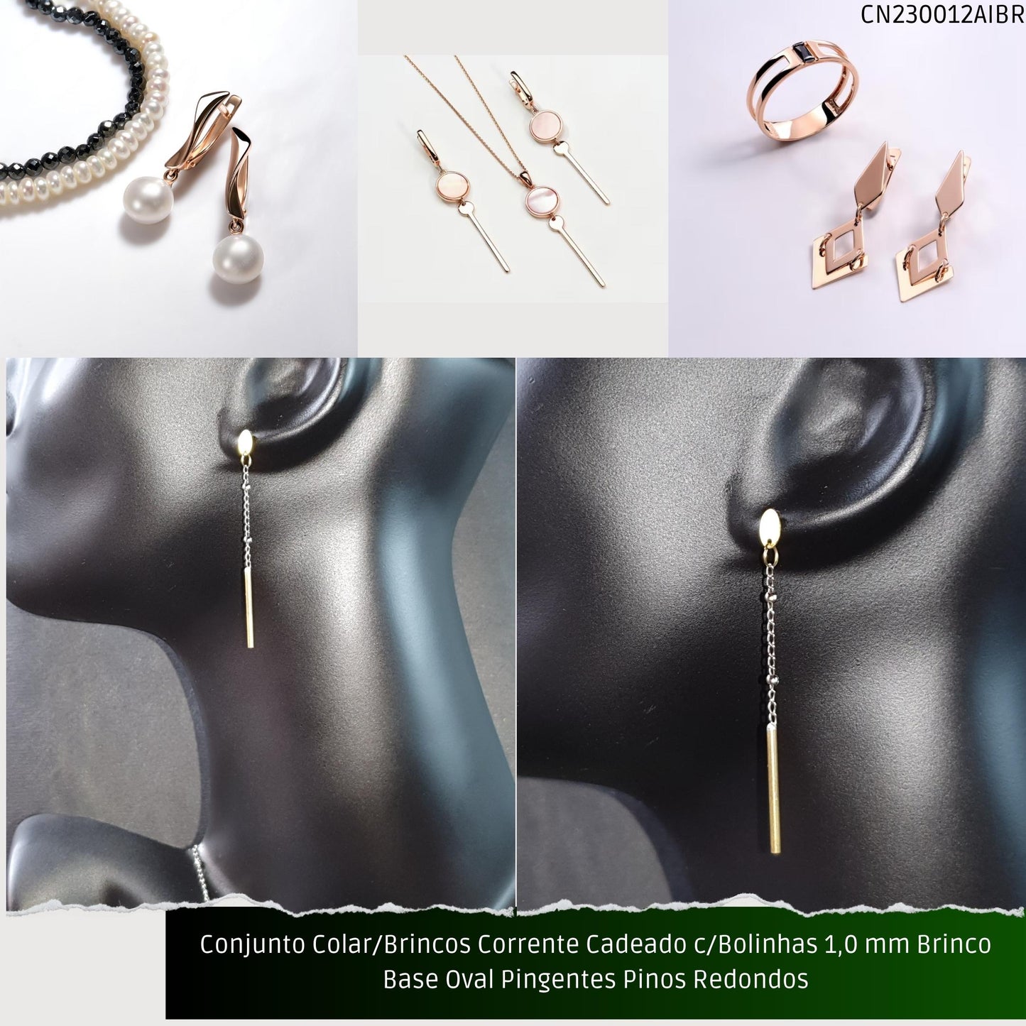 Conjunto Colar/Brincos Corrente Cadeado c/Bolinhas 1.0 mm Brinco Base Oval Pingentes Pinos Redondos  - Código.: CN230012AIBR  - Peso.: 6.8 gr