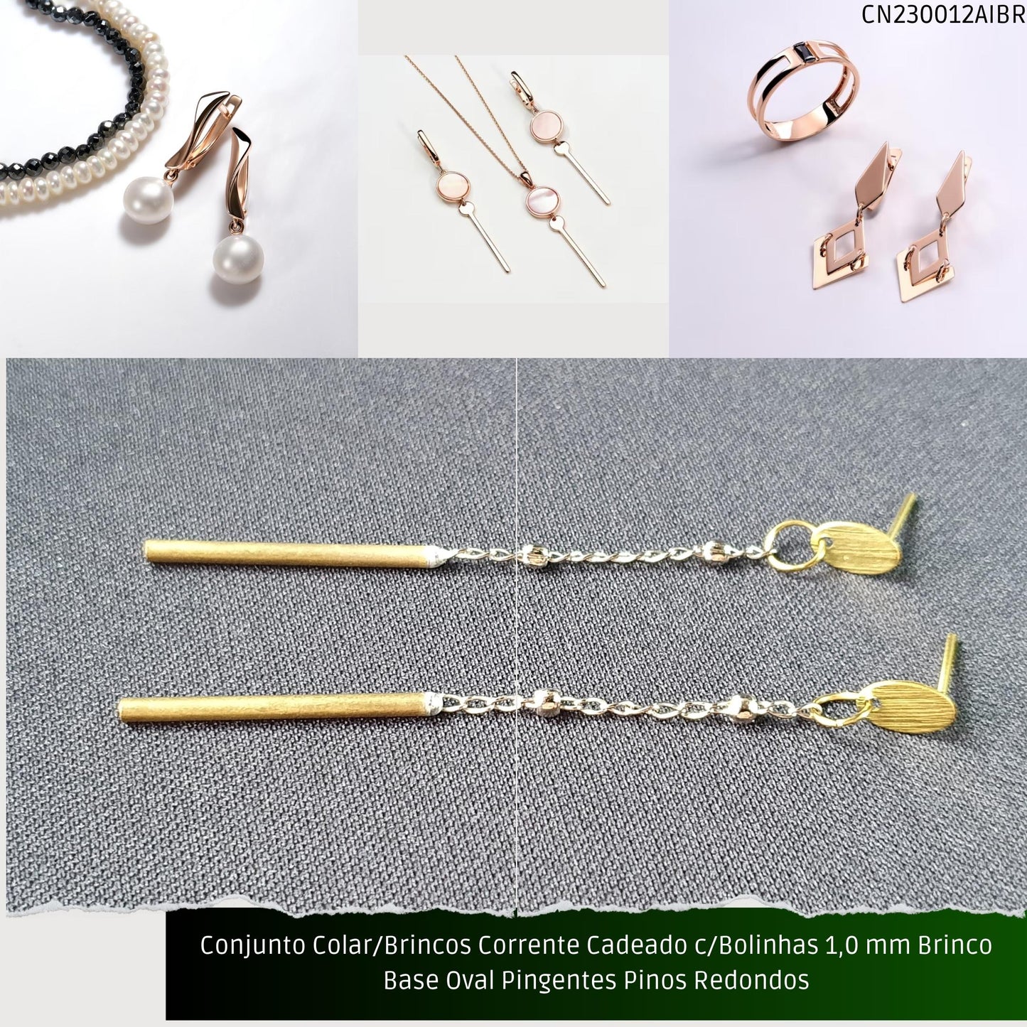Conjunto Colar/Brincos Corrente Cadeado c/Bolinhas 1.0 mm Brinco Base Oval Pingentes Pinos Redondos  - Código.: CN230012AIBR  - Peso.: 6.8 gr