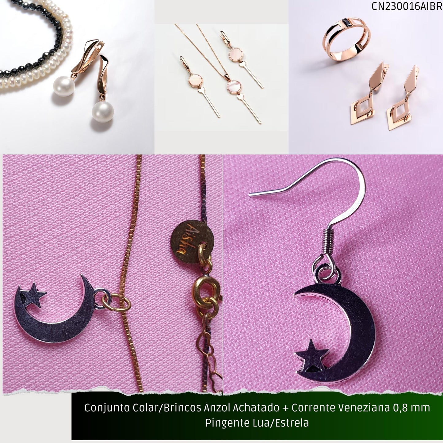 Conjunto Colar/Brincos Anzol Achatado + Corrente Veneziana 0.8 mm Pingente Lua/Estrela  - Código.: CN230016AIBR  - Peso.: 4.4 gr