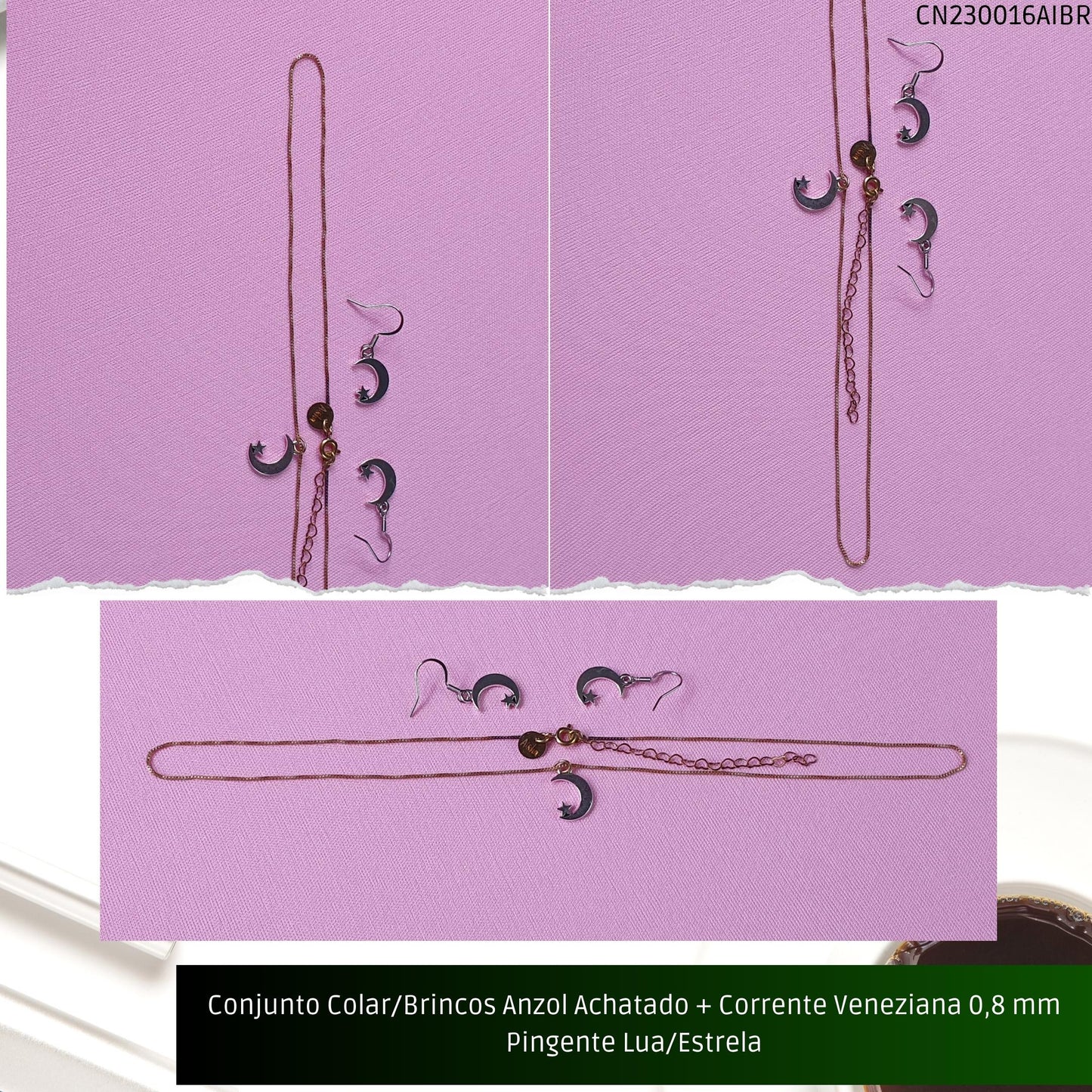 Conjunto Colar/Brincos Anzol Achatado + Corrente Veneziana 0.8 mm Pingente Lua/Estrela  - Código.: CN230016AIBR  - Peso.: 4.4 gr