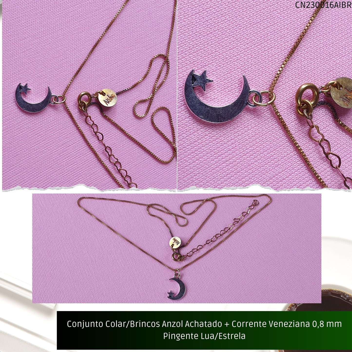 Conjunto Colar/Brincos Anzol Achatado + Corrente Veneziana 0.8 mm Pingente Lua/Estrela  - Código.: CN230016AIBR  - Peso.: 4.4 gr