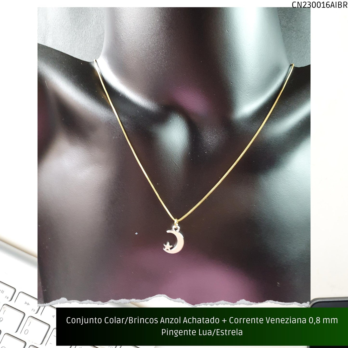 Conjunto Colar/Brincos Anzol Achatado + Corrente Veneziana 0.8 mm Pingente Lua/Estrela  - Código.: CN230016AIBR  - Peso.: 4.4 gr