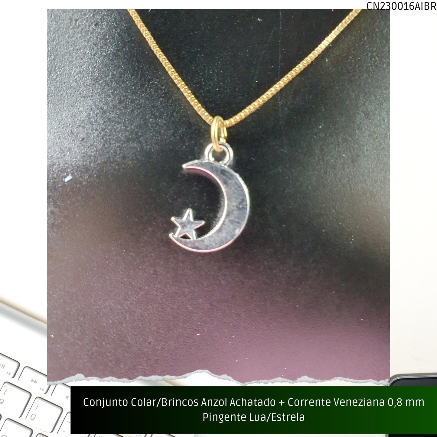 Conjunto Colar/Brincos Anzol Achatado + Corrente Veneziana 0.8 mm Pingente Lua/Estrela  - Código.: CN230016AIBR  - Peso.: 4.4 gr