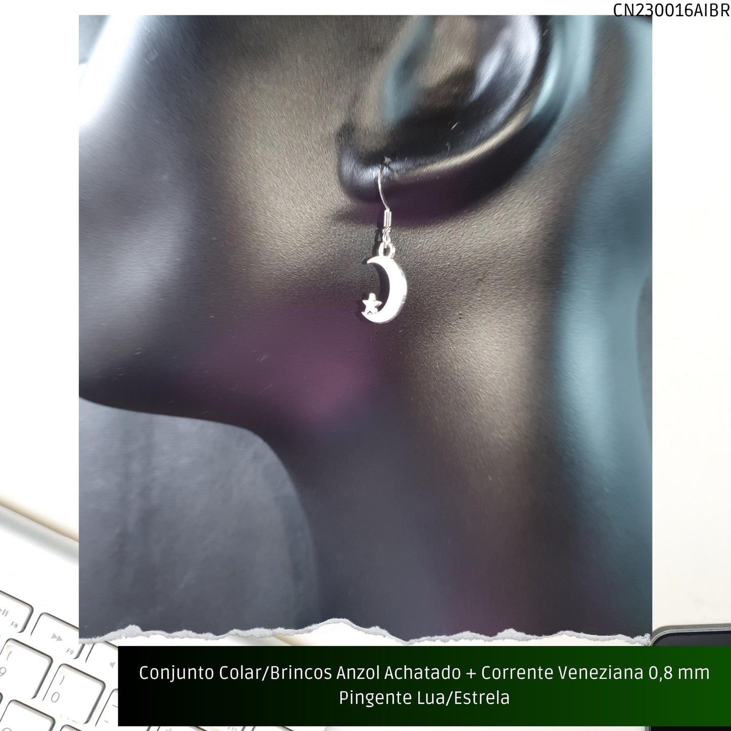 Conjunto Colar/Brincos Anzol Achatado + Corrente Veneziana 0.8 mm Pingente Lua/Estrela  - Código.: CN230016AIBR  - Peso.: 4.4 gr