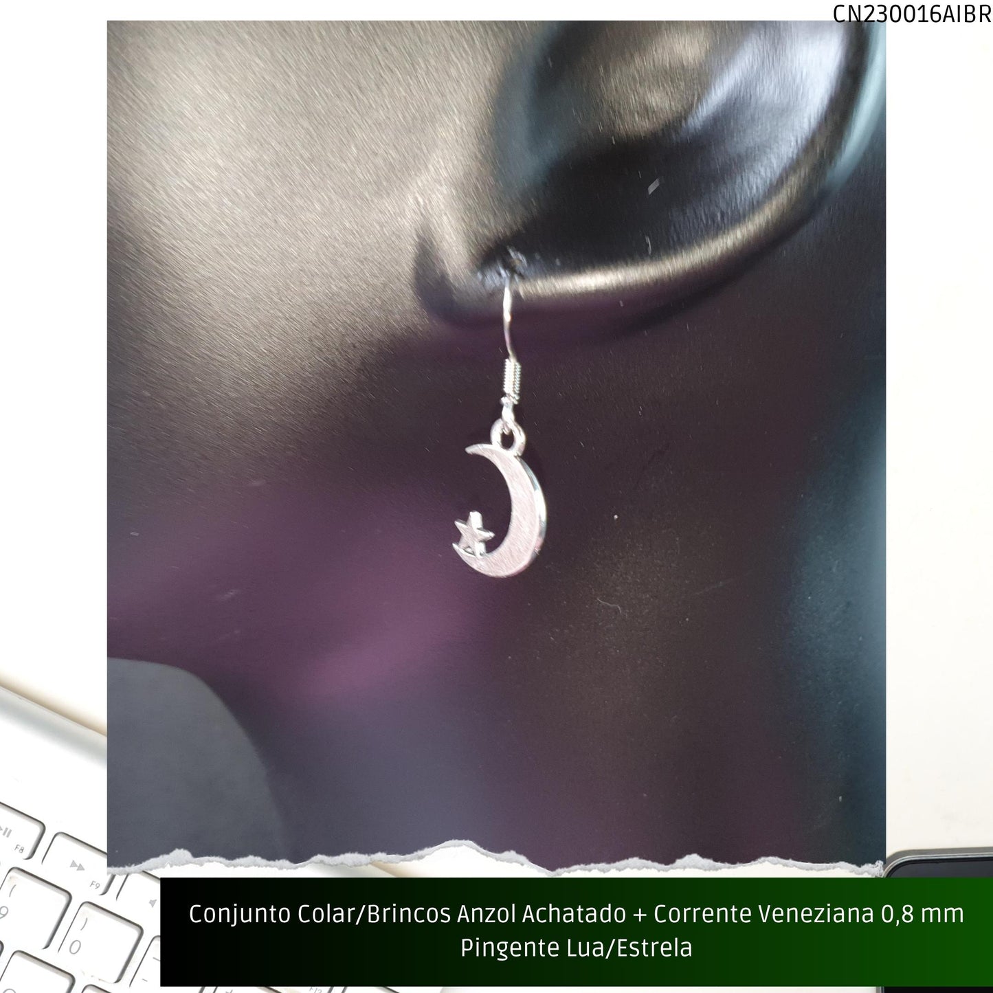 Conjunto Colar/Brincos Anzol Achatado + Corrente Veneziana 0.8 mm Pingente Lua/Estrela  - Código.: CN230016AIBR  - Peso.: 4.4 gr