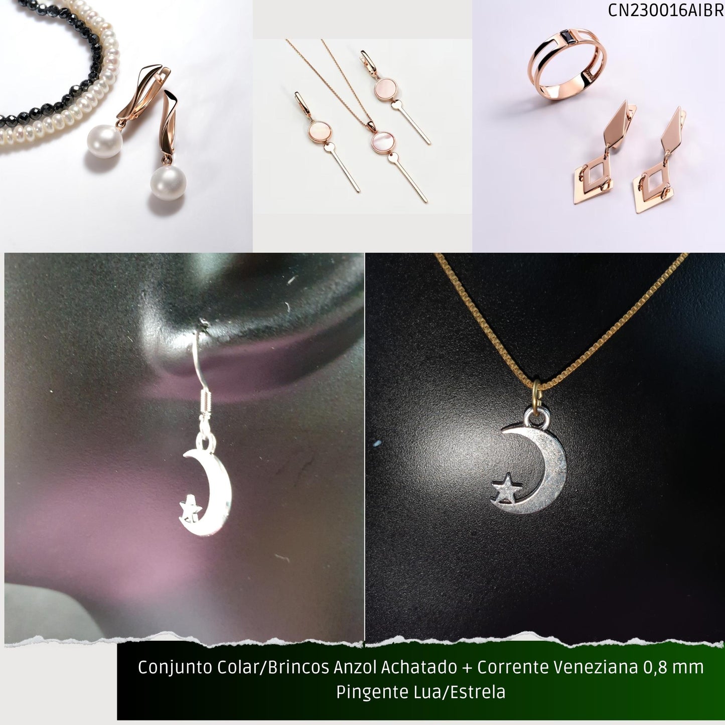 Conjunto Colar/Brincos Anzol Achatado + Corrente Veneziana 0.8 mm Pingente Lua/Estrela  - Código.: CN230016AIBR  - Peso.: 4.4 gr