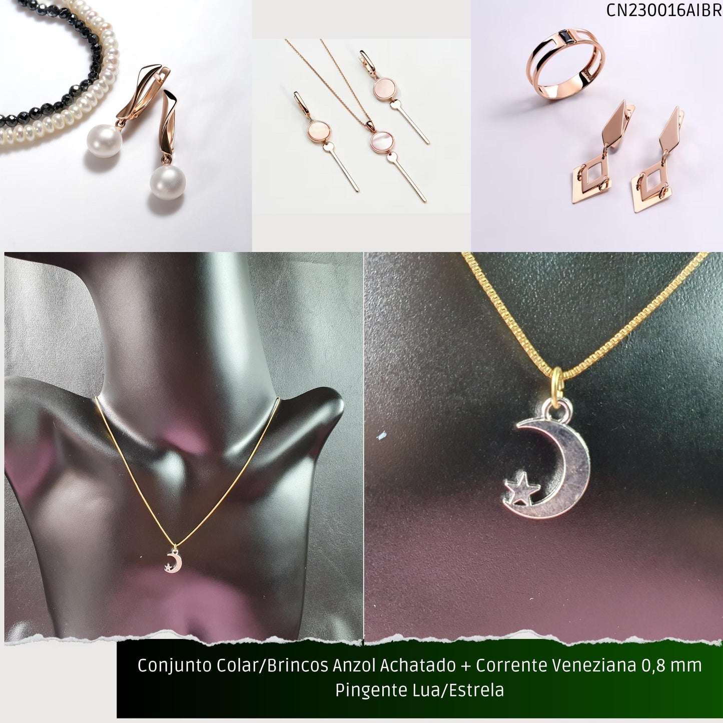 Conjunto Colar/Brincos Anzol Achatado + Corrente Veneziana 0.8 mm Pingente Lua/Estrela  - Código.: CN230016AIBR  - Peso.: 4.4 gr
