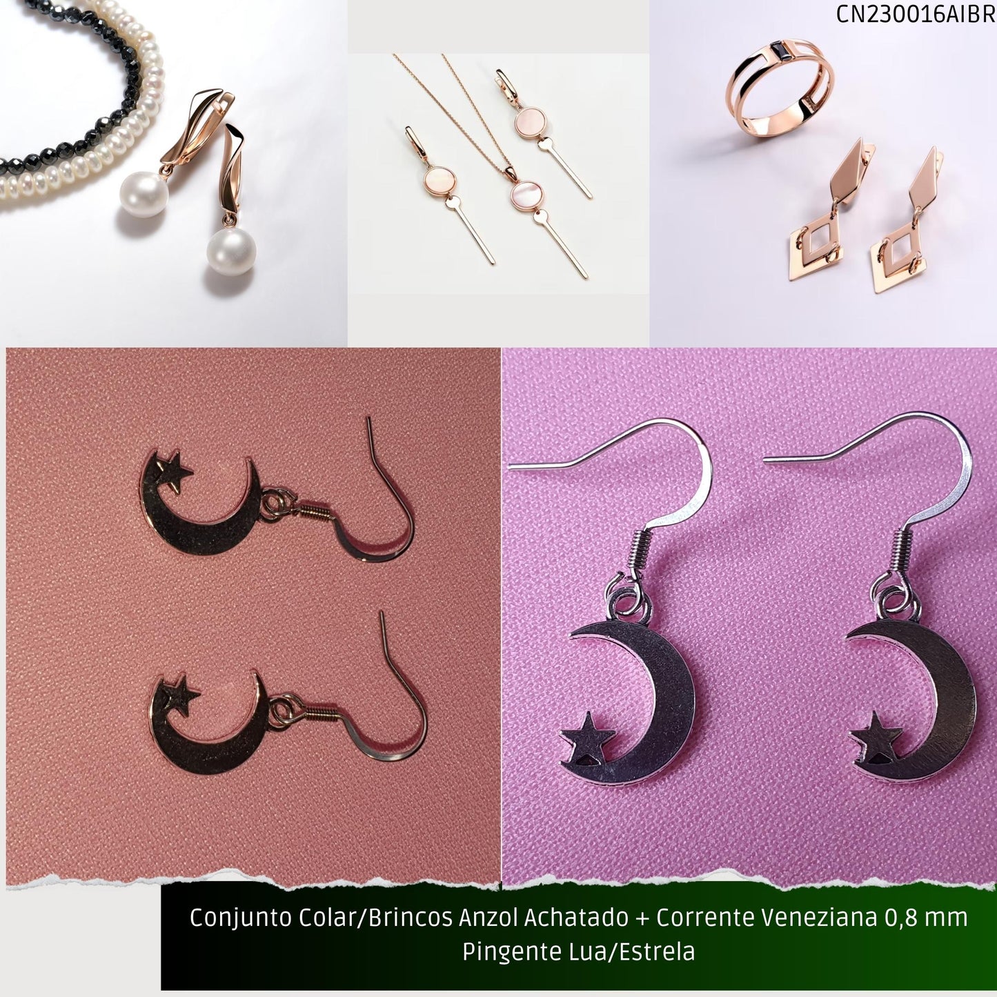 Conjunto Colar/Brincos Anzol Achatado + Corrente Veneziana 0.8 mm Pingente Lua/Estrela  - Código.: CN230016AIBR  - Peso.: 4.4 gr