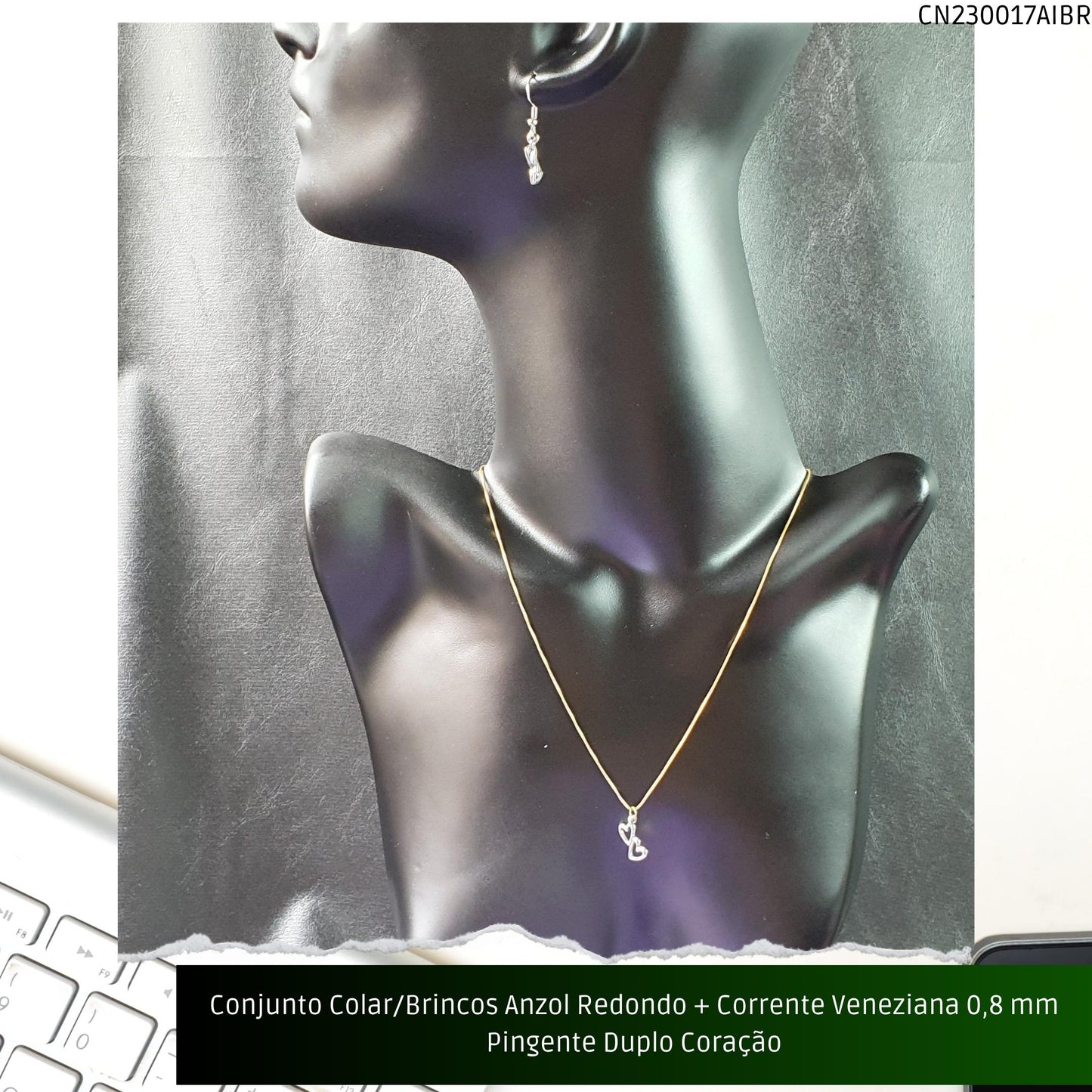 Conjunto Colar/Brincos Anzol Redondo + Corrente Veneziana 0.8 mm Pingente Duplo Coração  - Código.: CN230017AIBR  - Peso.: 5.0 gr