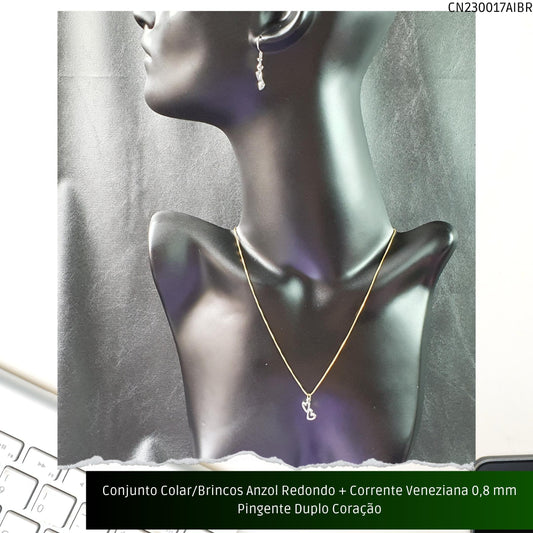 Conjunto Colar/Brincos Anzol Redondo + Corrente Veneziana 0.8 mm Pingente Duplo Coração  - Código.: CN230017AIBR  - Peso.: 5.0 gr