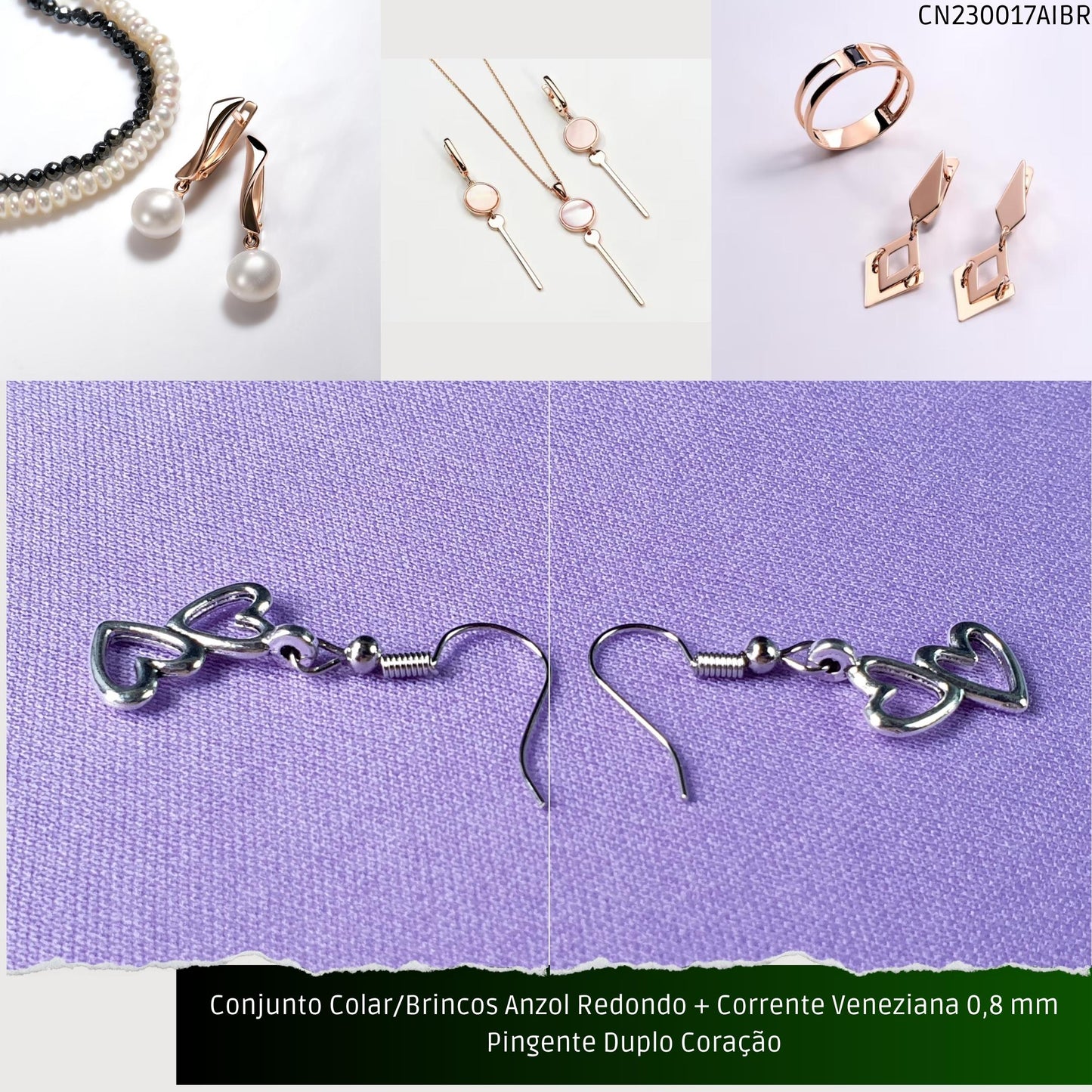 Conjunto Colar/Brincos Anzol Redondo + Corrente Veneziana 0.8 mm Pingente Duplo Coração  - Código.: CN230017AIBR  - Peso.: 5.0 gr