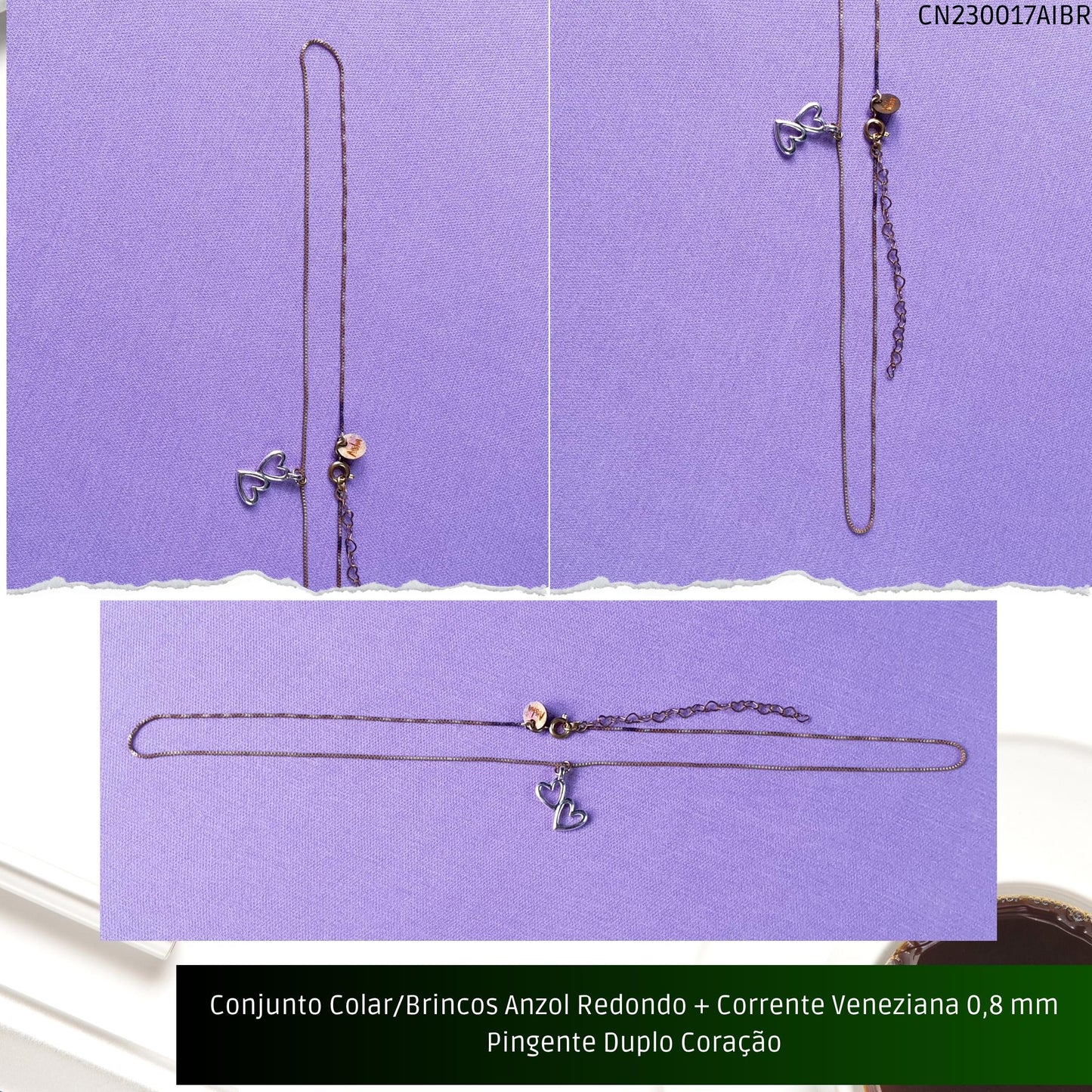 Conjunto Colar/Brincos Anzol Redondo + Corrente Veneziana 0.8 mm Pingente Duplo Coração  - Código.: CN230017AIBR  - Peso.: 5.0 gr