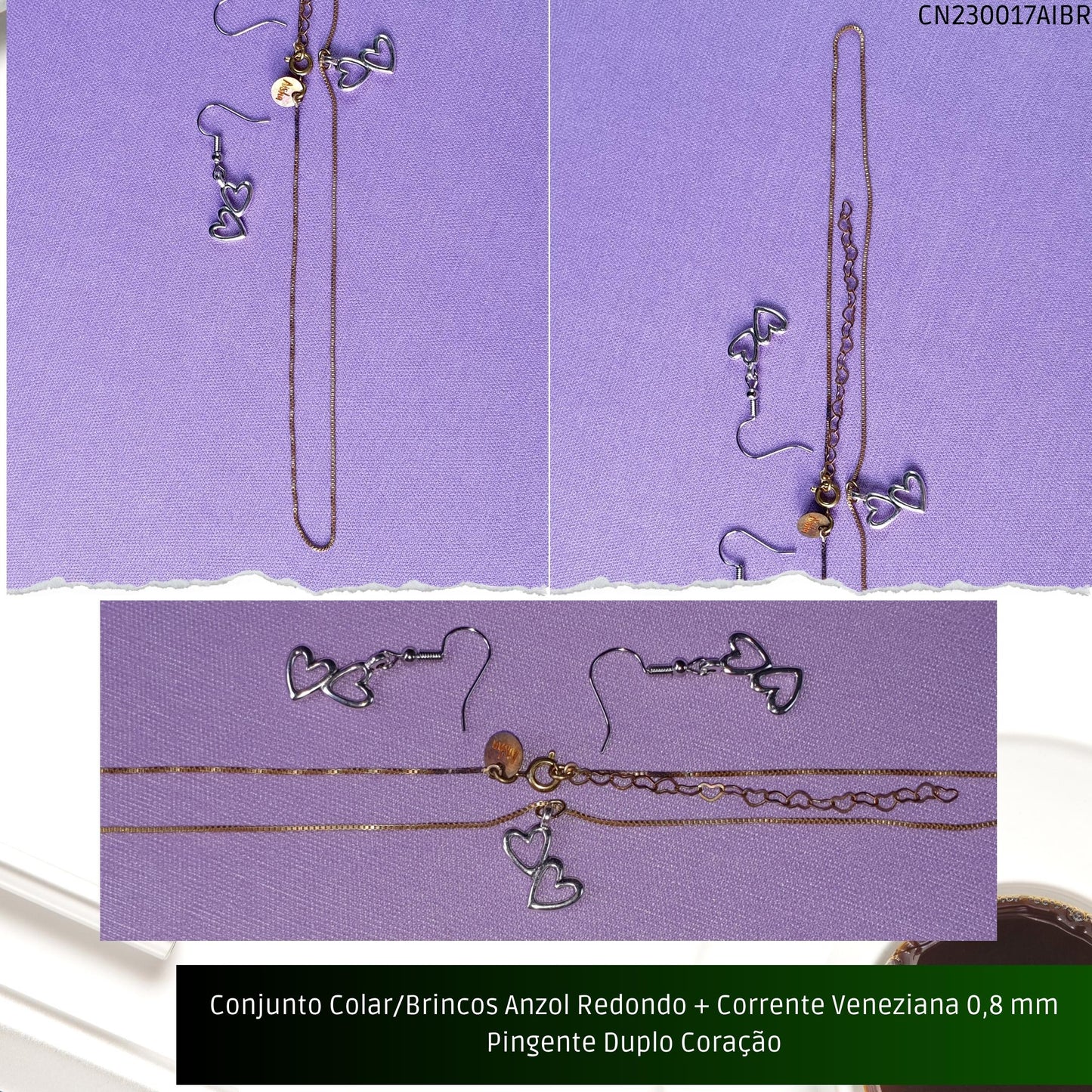 Conjunto Colar/Brincos Anzol Redondo + Corrente Veneziana 0.8 mm Pingente Duplo Coração  - Código.: CN230017AIBR  - Peso.: 5.0 gr